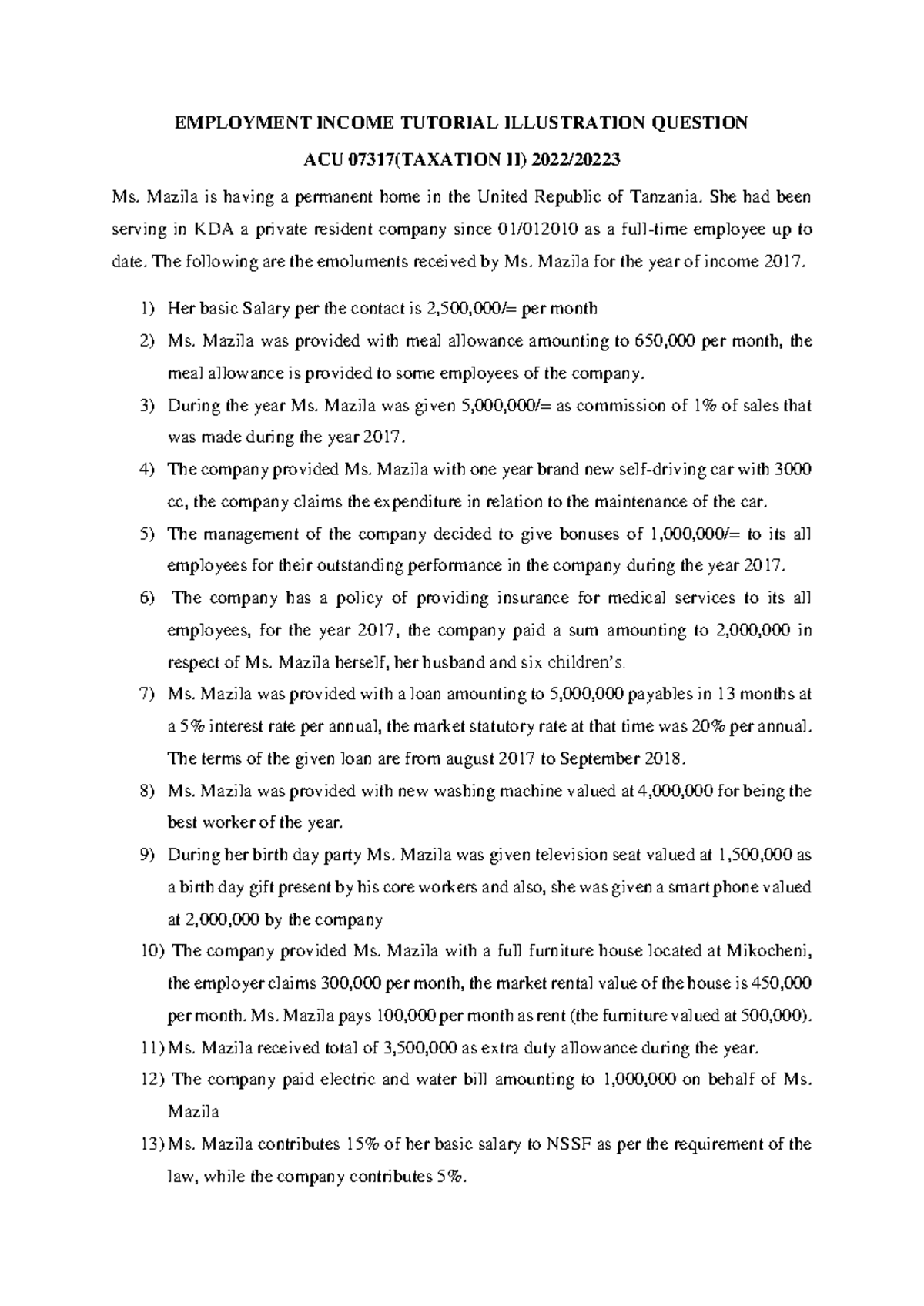 Employment Income Tutorial Illustration Question - EMPLOYMENT INCOME ...