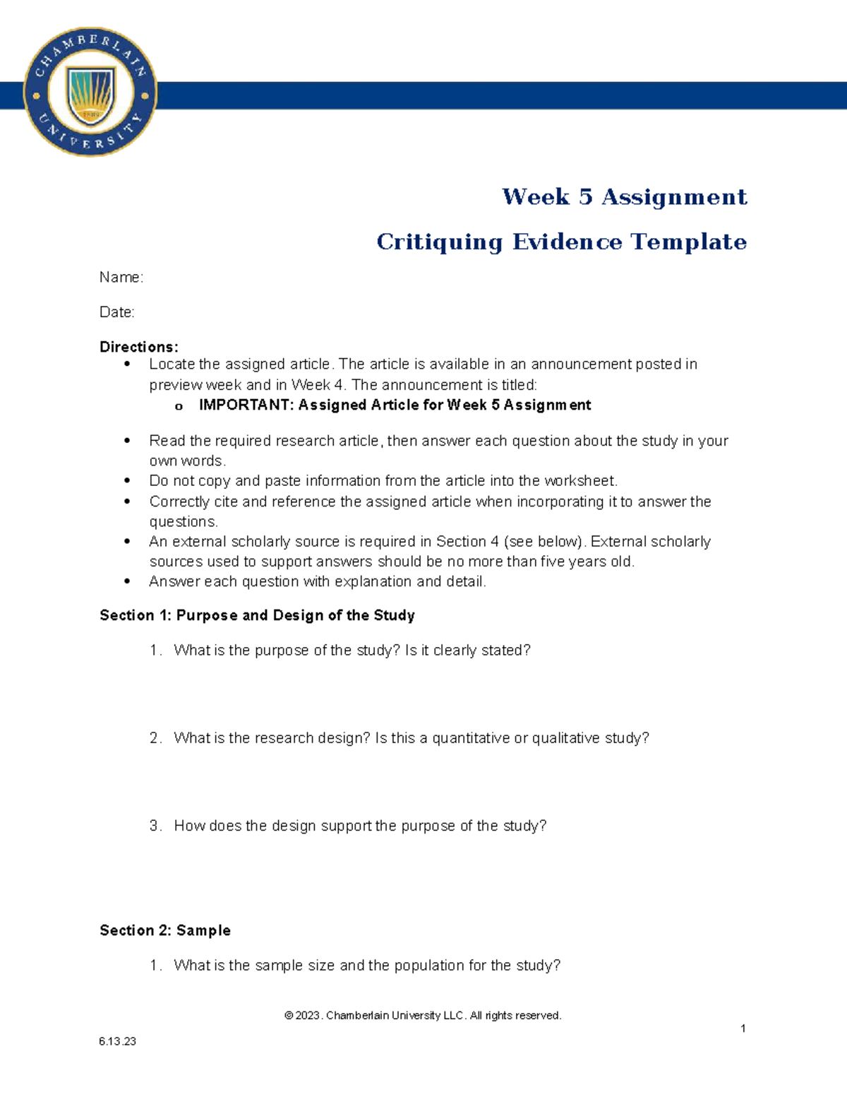 W5 NR439 Assignment: Critiquing Evidence Template and Guidelines - Studocu