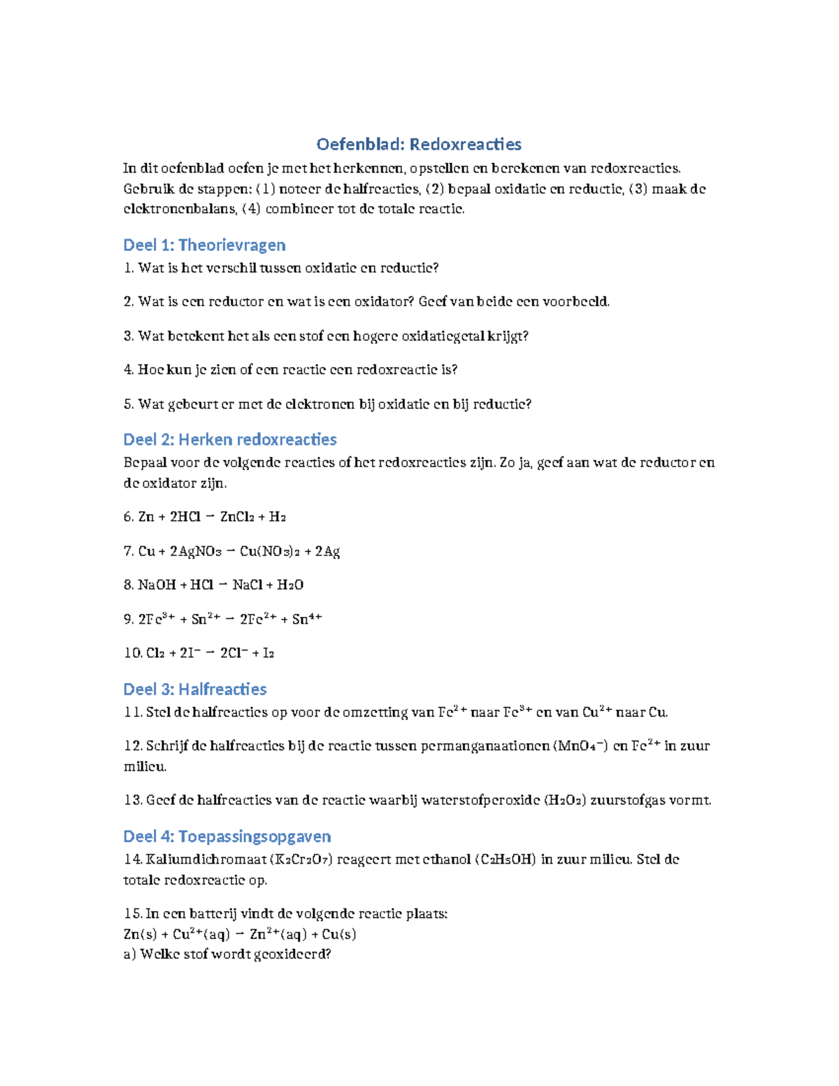 Oefenblad: Redoxreacties en Halfreacties Analyse - Studeersnel
