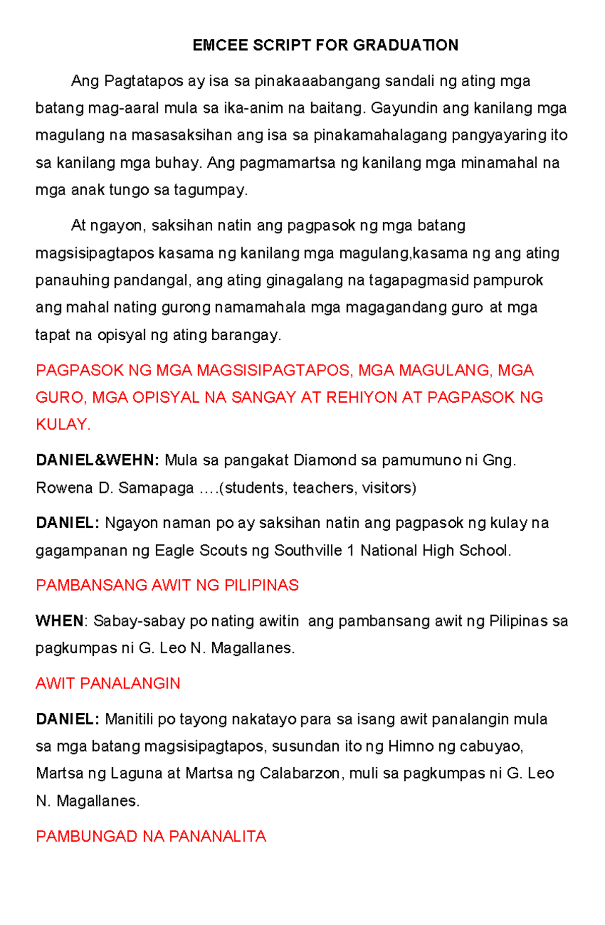 Emcee Script for Graduation Ceremony - Southville 1 Elementary - Studocu