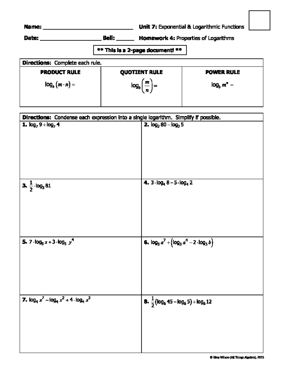 HW 4: Properties of Logarithms - Unit 7: Exponential Functions - Studocu