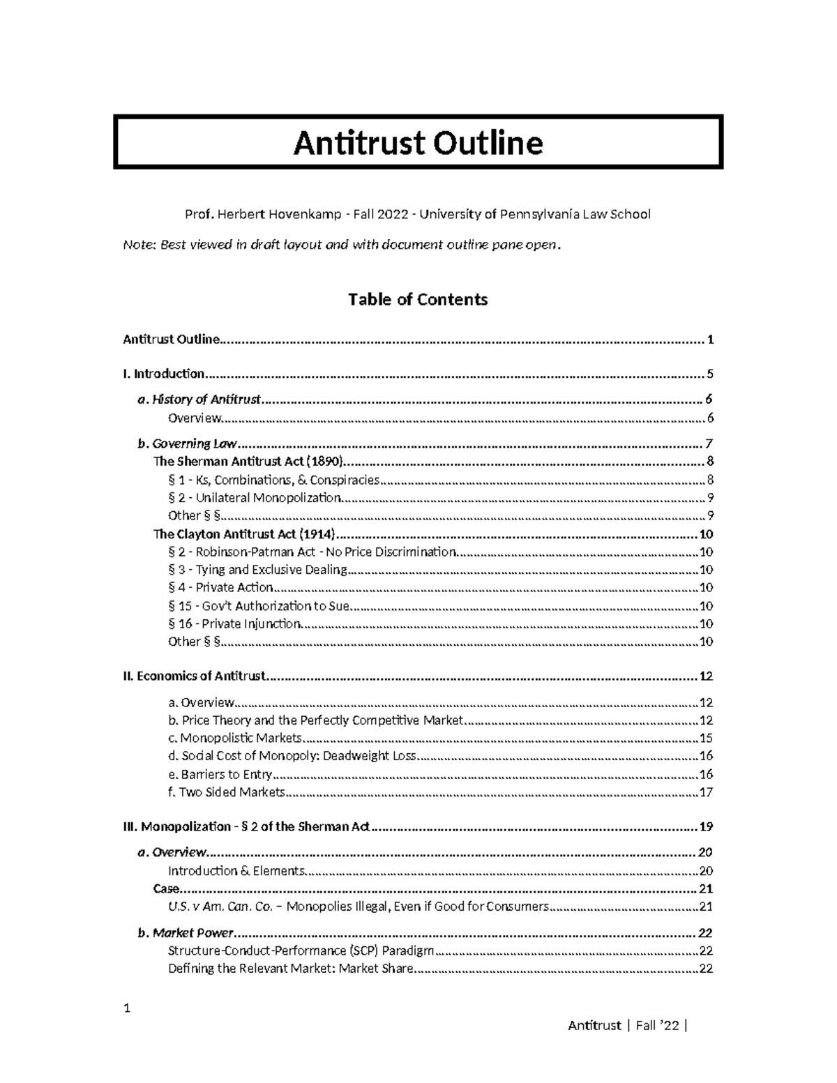 Antitrust Hovenkamp Fall 22 - Antitrust Outline Prof. Herbert Hovenkamp ...