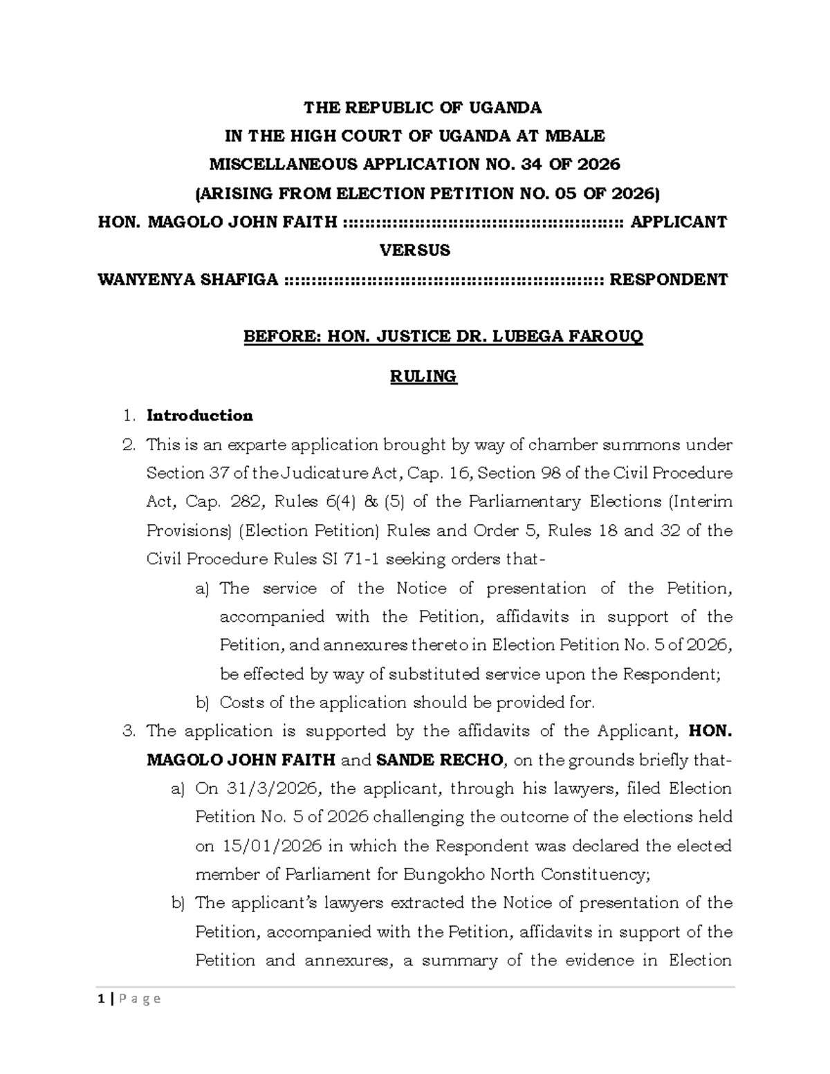 Magolo John Faith v Wanyenya Shafiga: Misc. App. No. 34 of 2026 Ruling ...
