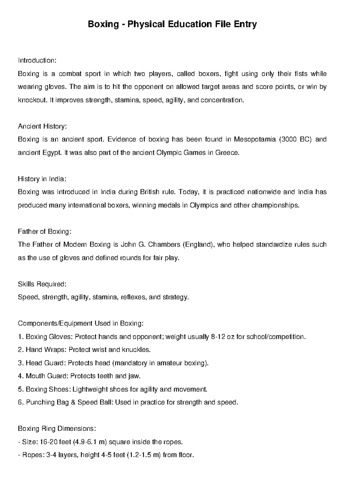 Boxing PE Practical File: Skills, History & Equipment Overview - Studocu