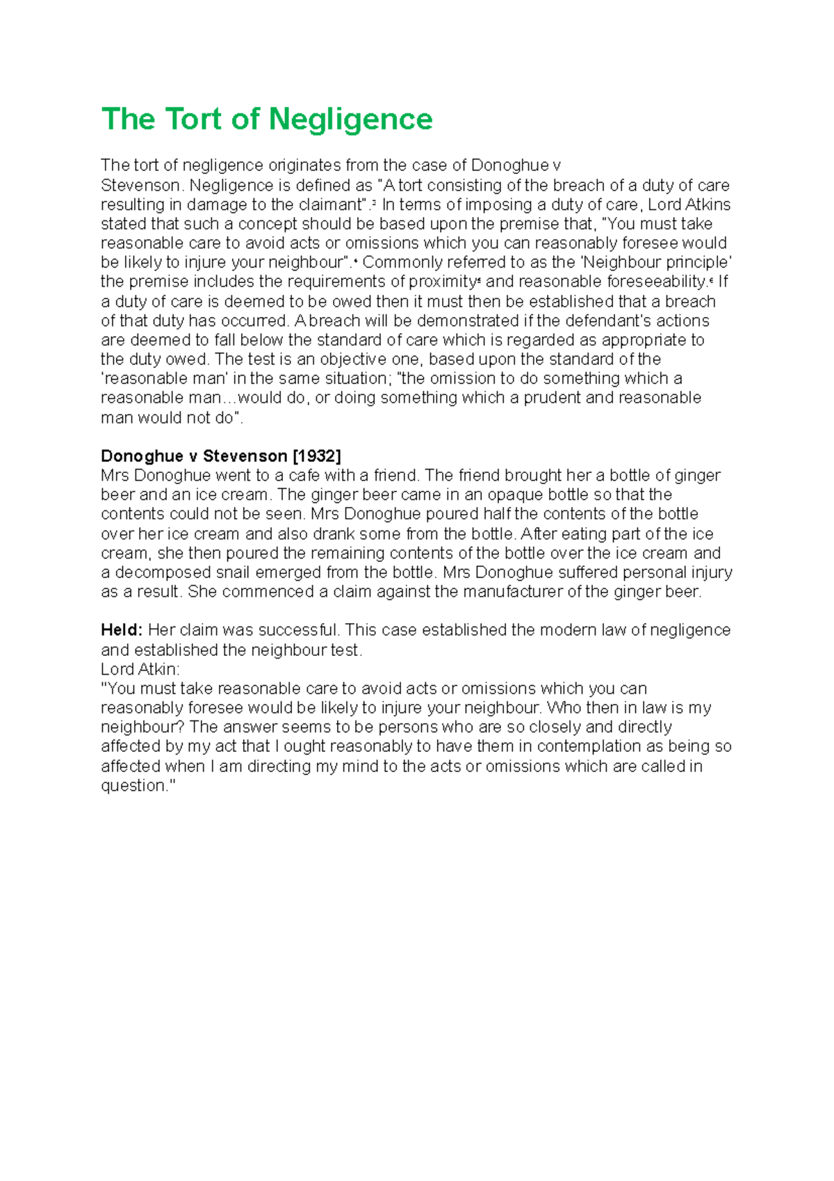 Negligence Tort Lecture Notes: Key Case Law Insights and Analysis - Studocu