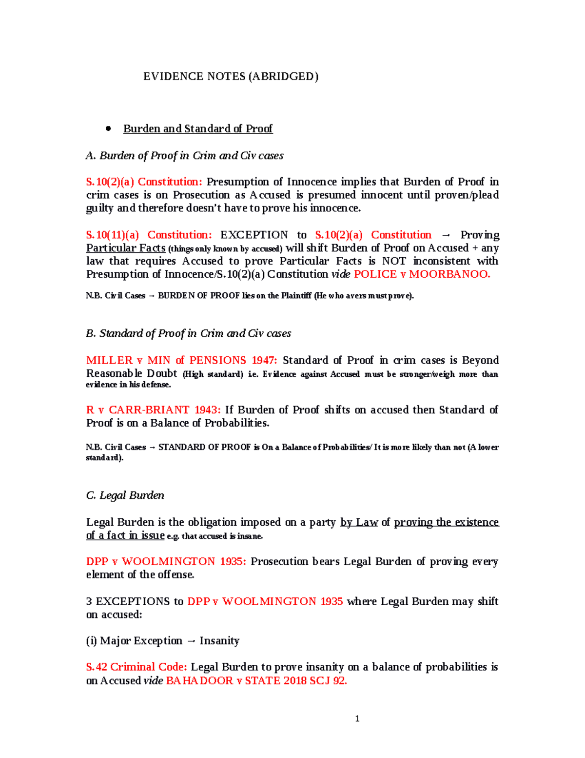 EVIDENCE NOTES (ABRIDGED) FOR LAW 101: KEY CONCEPTS & CASES - Studocu