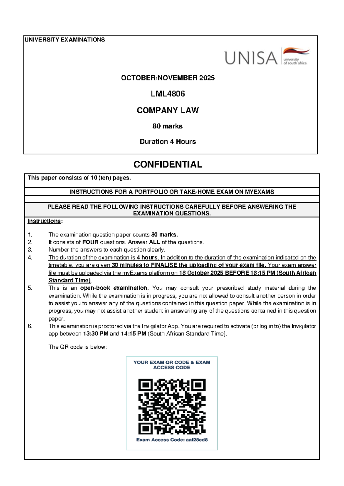 LML4806 Company Law Final Exam Instructions & Guidelines 2025 - Studocu