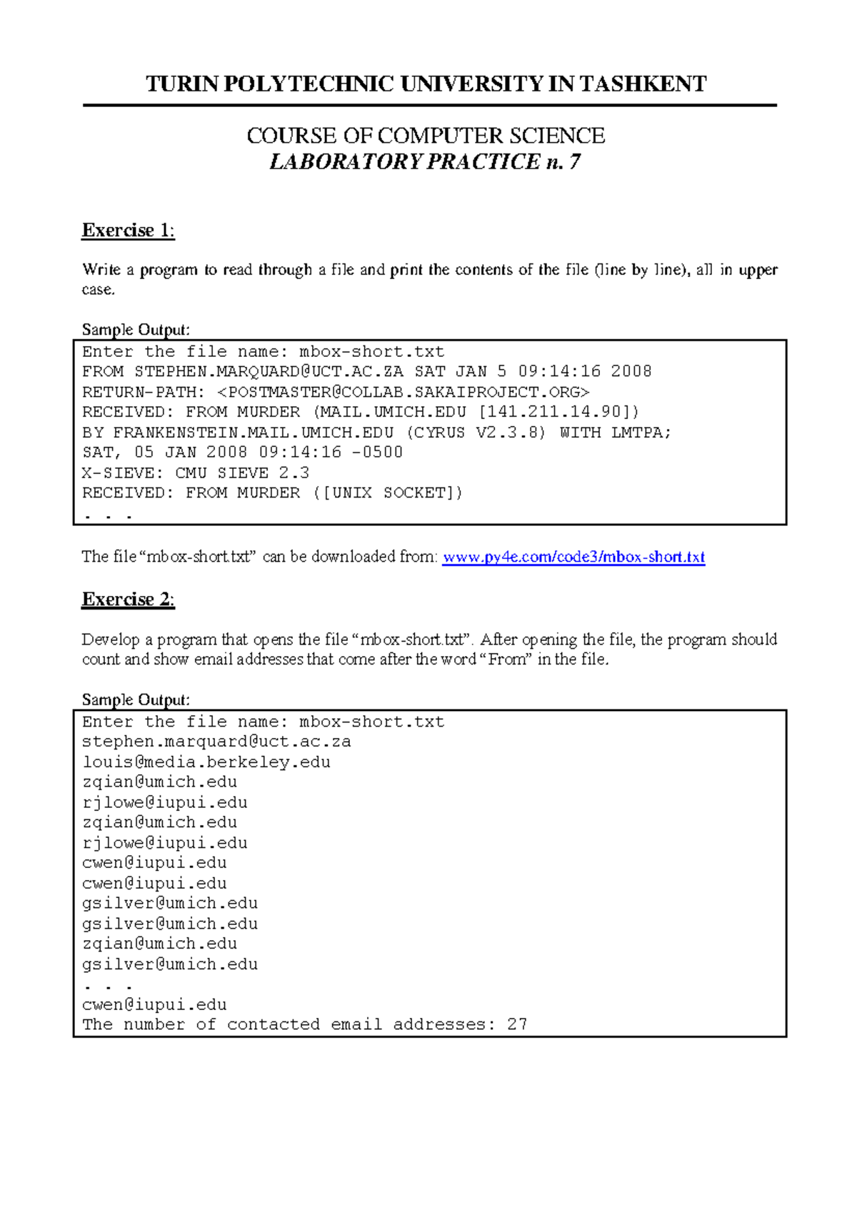 CS Lab 07: File Handling and Email Processing Exercises - Studocu