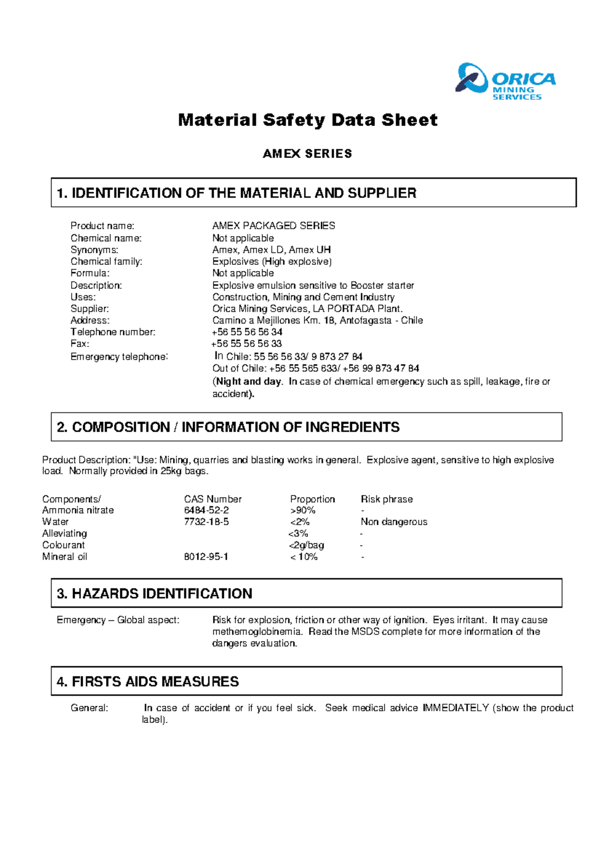 MSDS for AMEX Series Explosives - Chile - Studocu