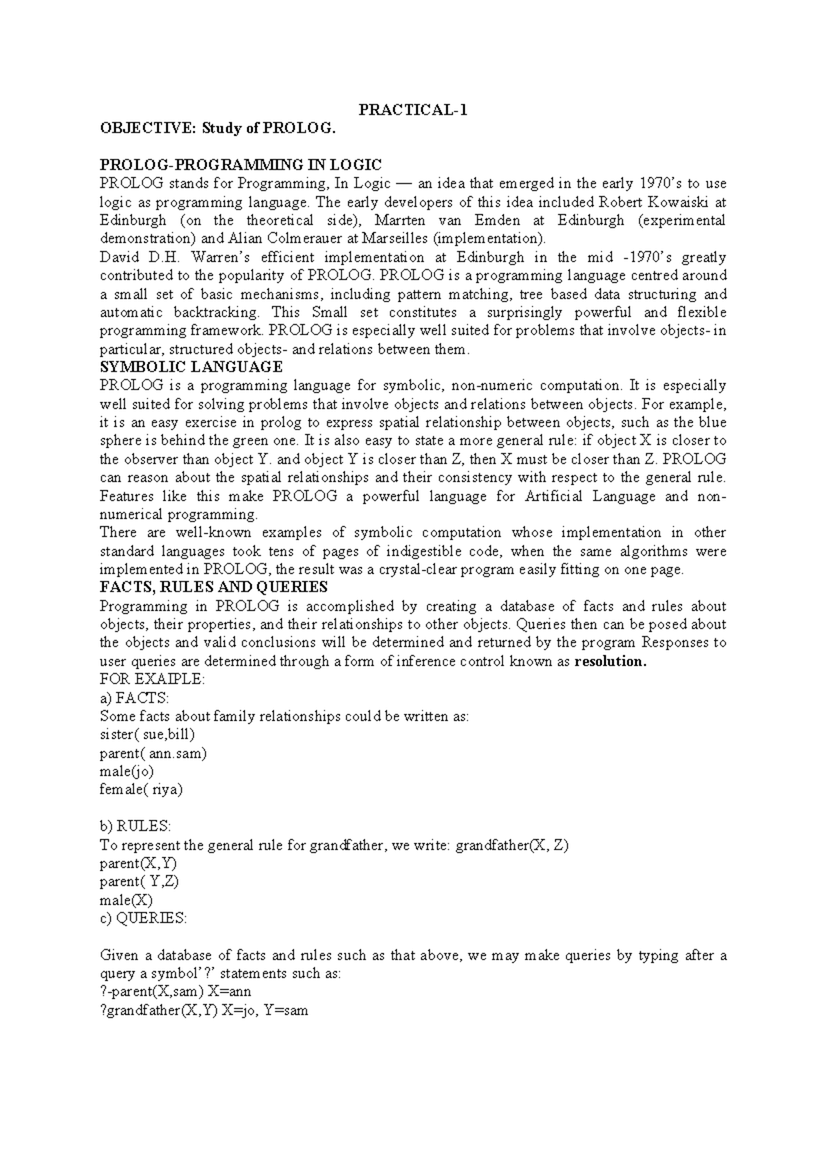 PROLOG Programming Practical 1: Fundamentals & Implementations - Studocu