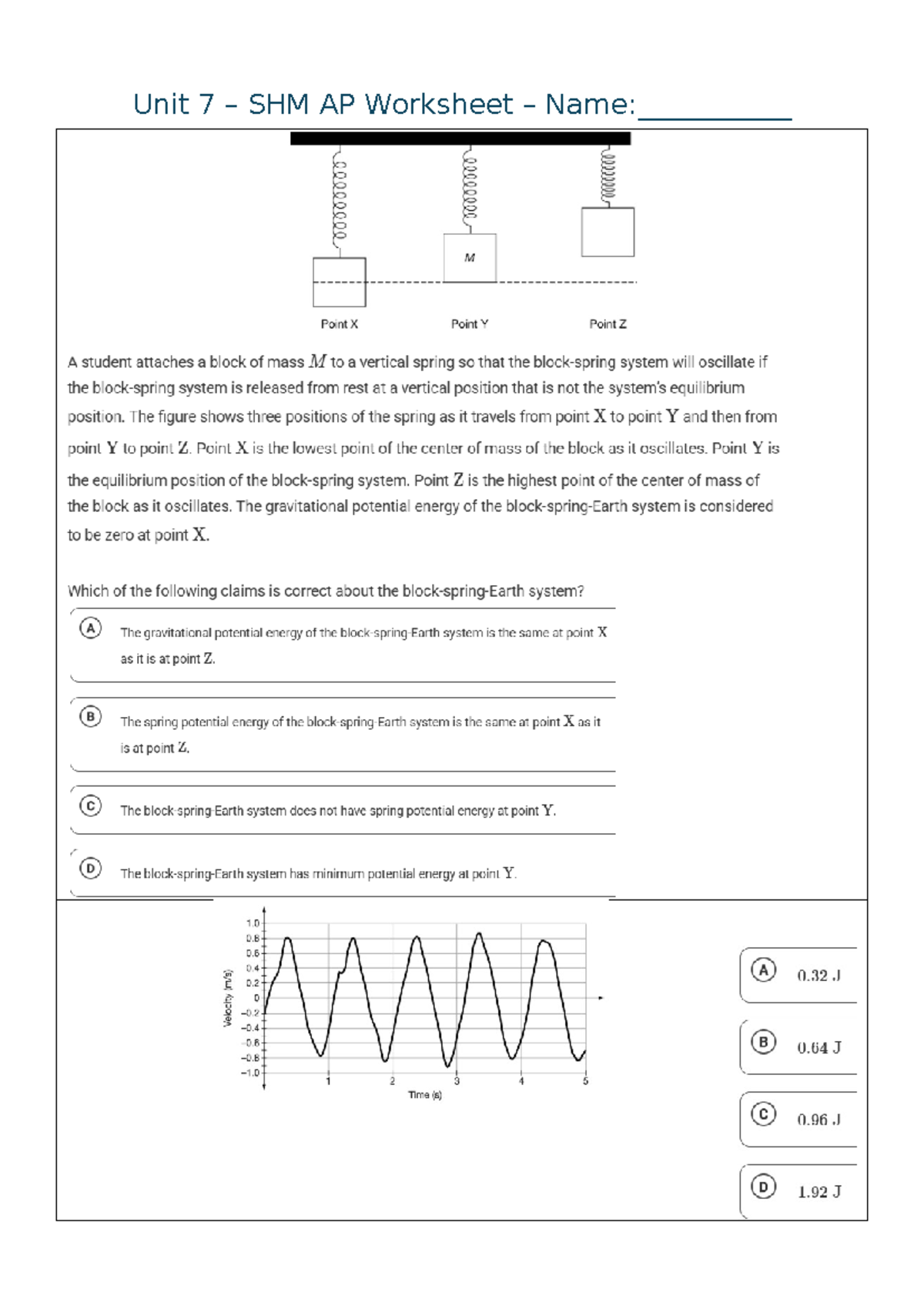 7.1 - SHM AP ED Worksheet - Physics - Unit 7 – SHM AP Worksheet – Name ...