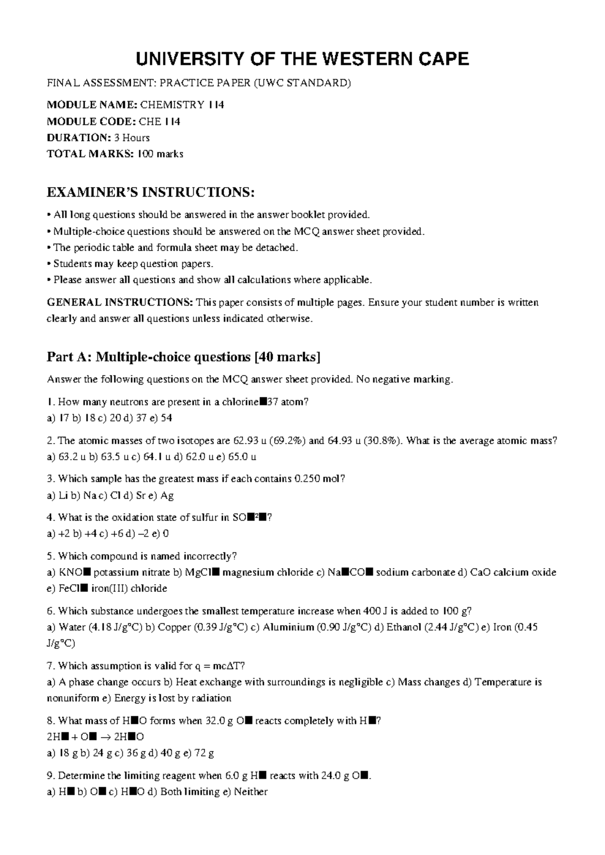 CHE 114 Final Assessment Practice Paper - Chemistry 114 - Studocu