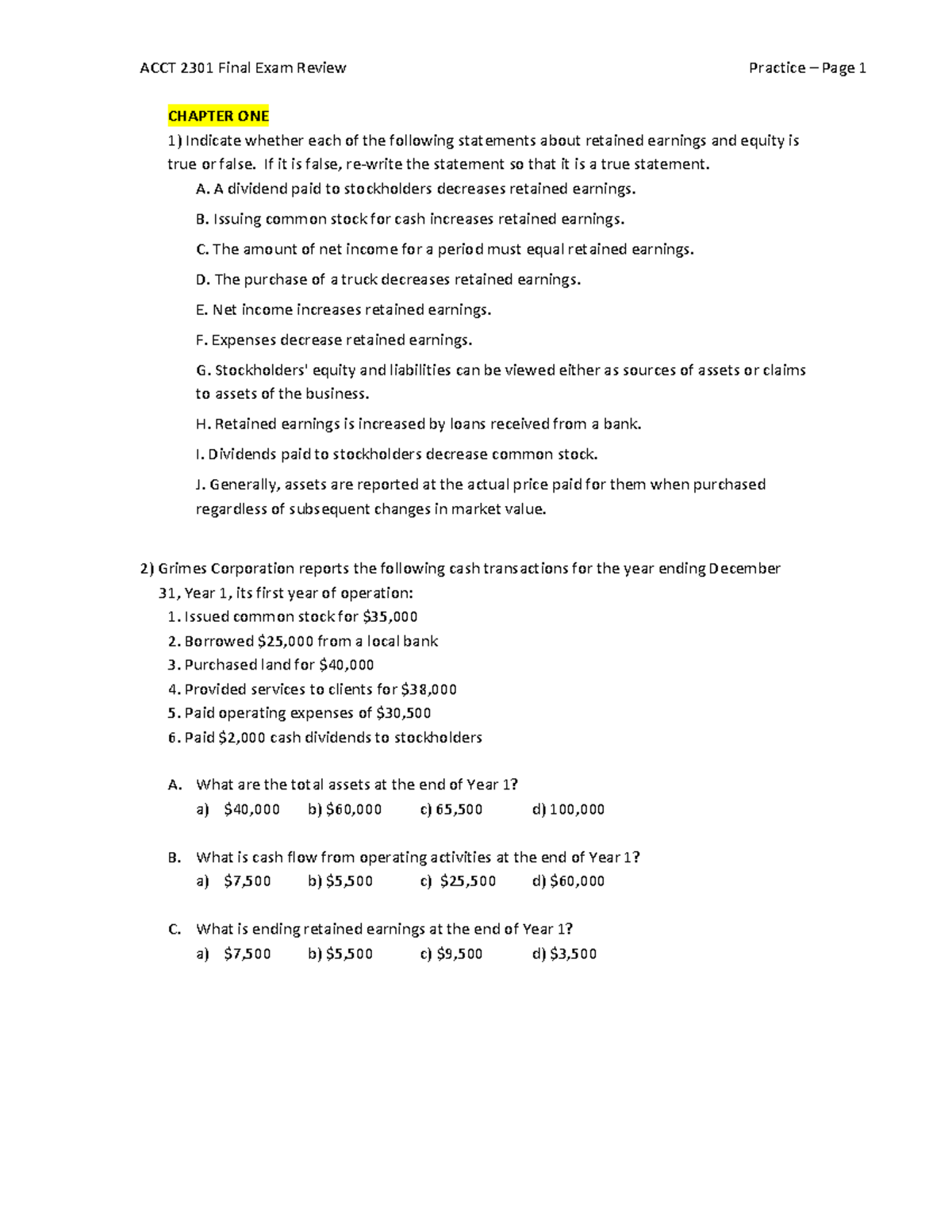 ACCT 2301 Final Exam Review: Retained Earnings & Equity Concepts - Studocu