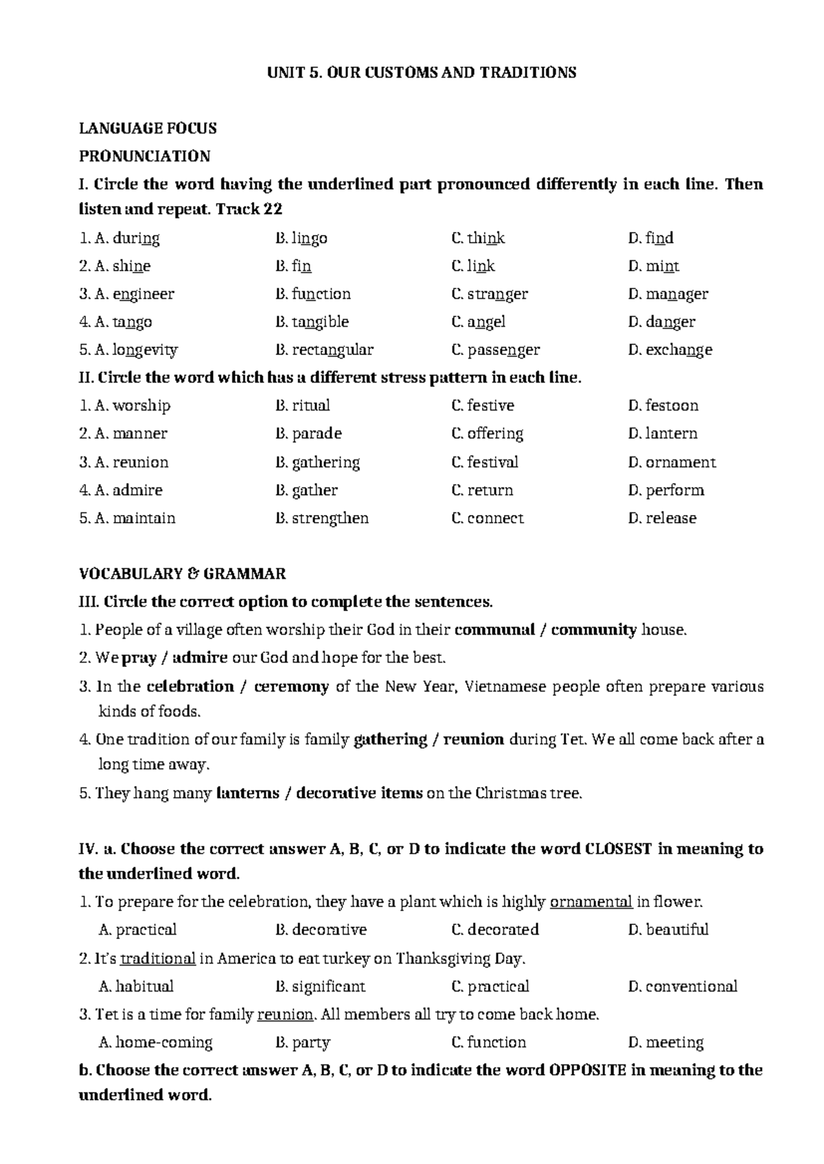 UNIT 5 - unit 5 - UNIT 5. OUR CUSTOMS AND TRADITIONS LANGUAGE FOCUS ...