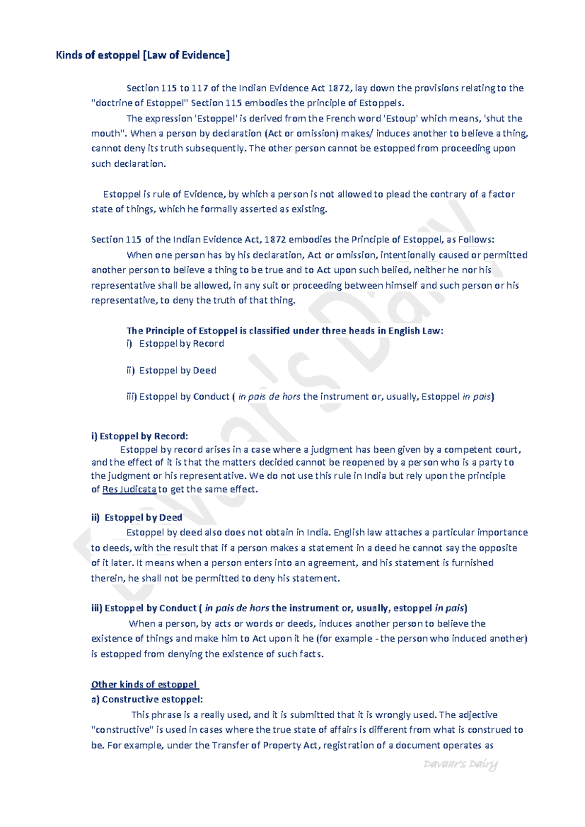 Kinds of Estoppel in Law of Evidence: Sections 115-117 Explained - Studocu