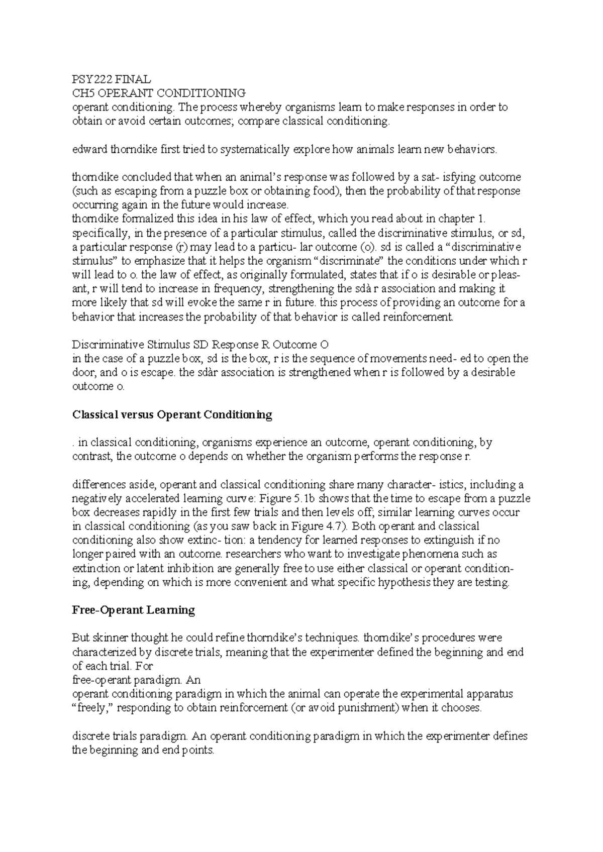 PSY222 Final Exam Notes: Operant Conditioning Overview and Key Concepts ...