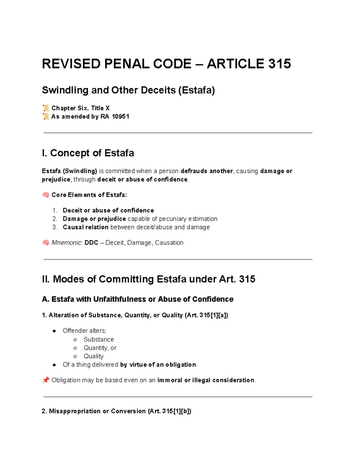 REVISED PENAL CODE: Estafa (Art. 315) Overview & Key Concepts - Studocu