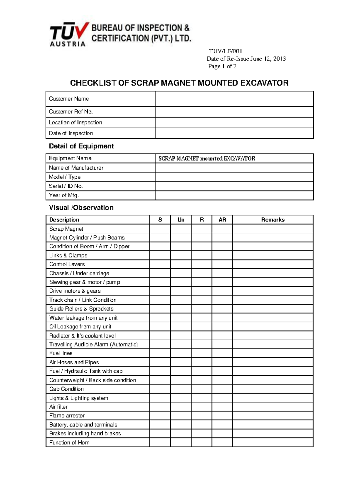 Scrap Magnet Mounted Excavator Inspection Checklist (TUV/LF) - Studocu