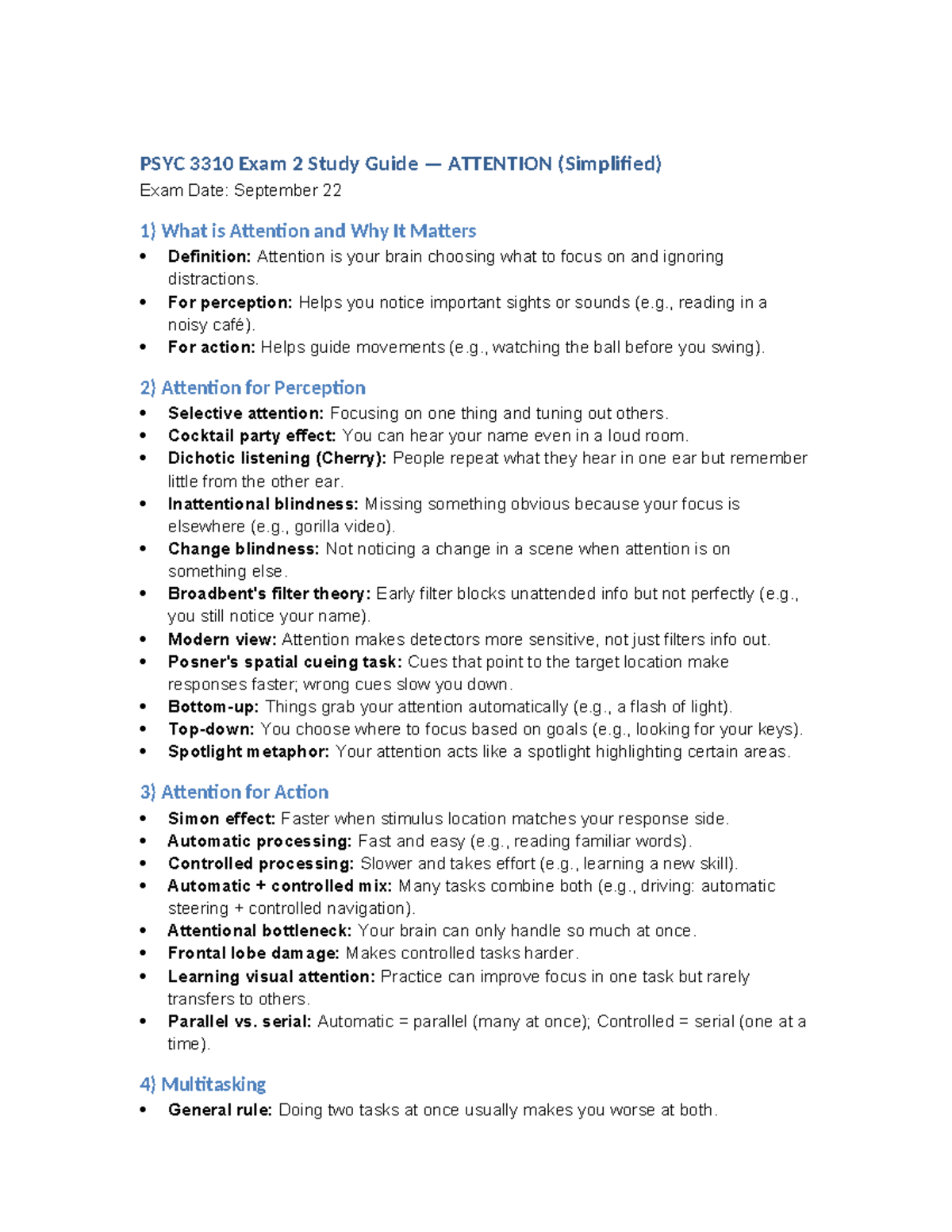 PSYC 3310 Exam 2 Study Guide: Key Concepts of Attention - Studocu