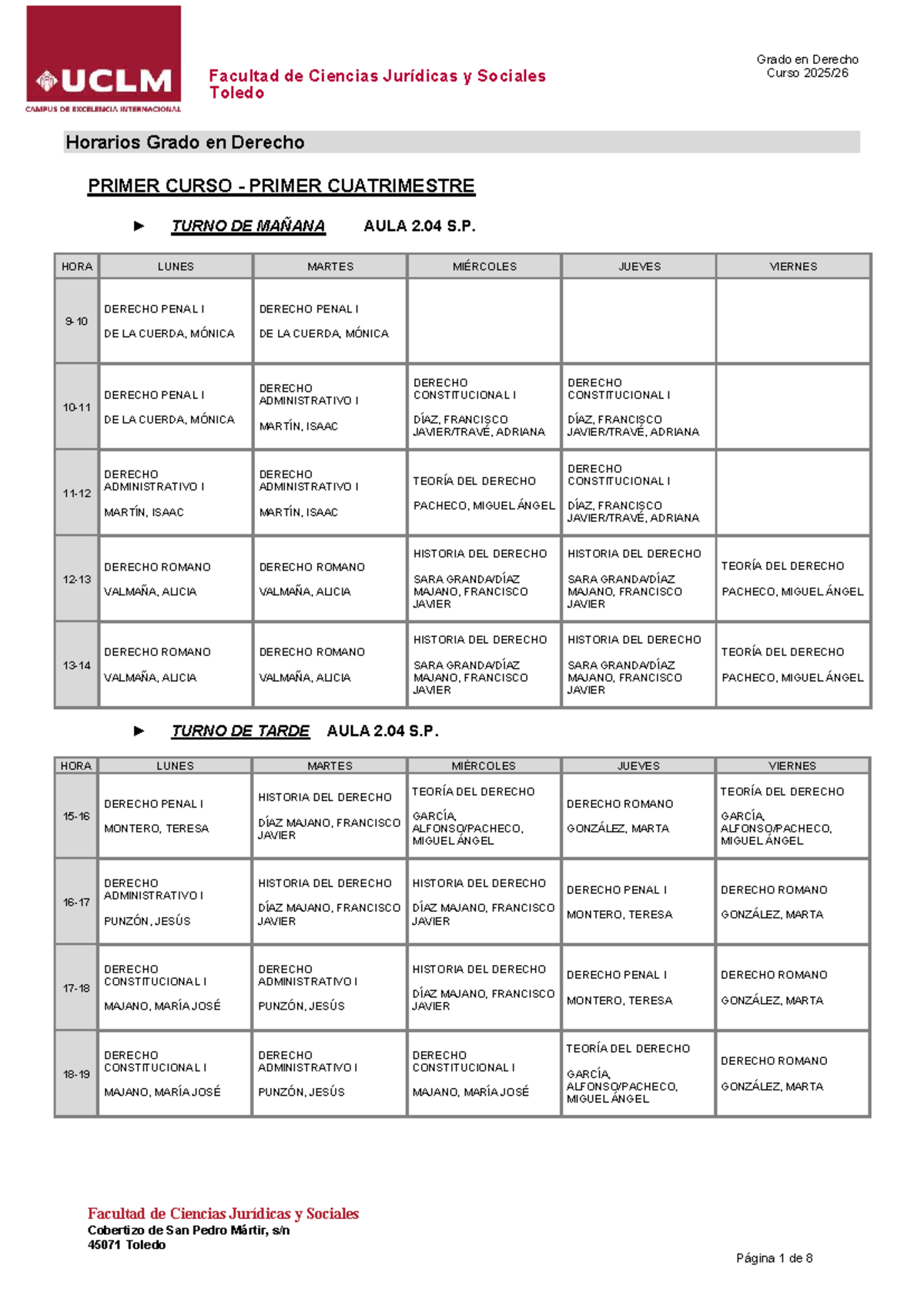 Horarios Grado en Derecho 2025-26 - Facultad de Ciencias Jurídicas ...