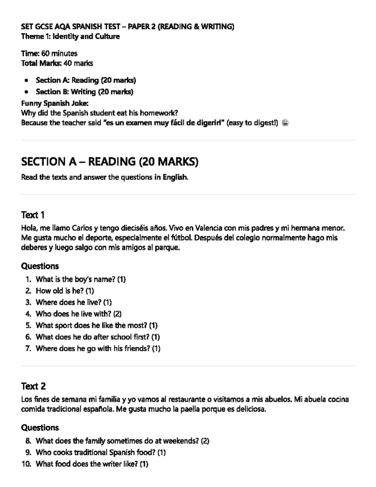 SET GCSE AQA SPANISH TEST PAPER 2: Identity & Culture Exam - Studocu