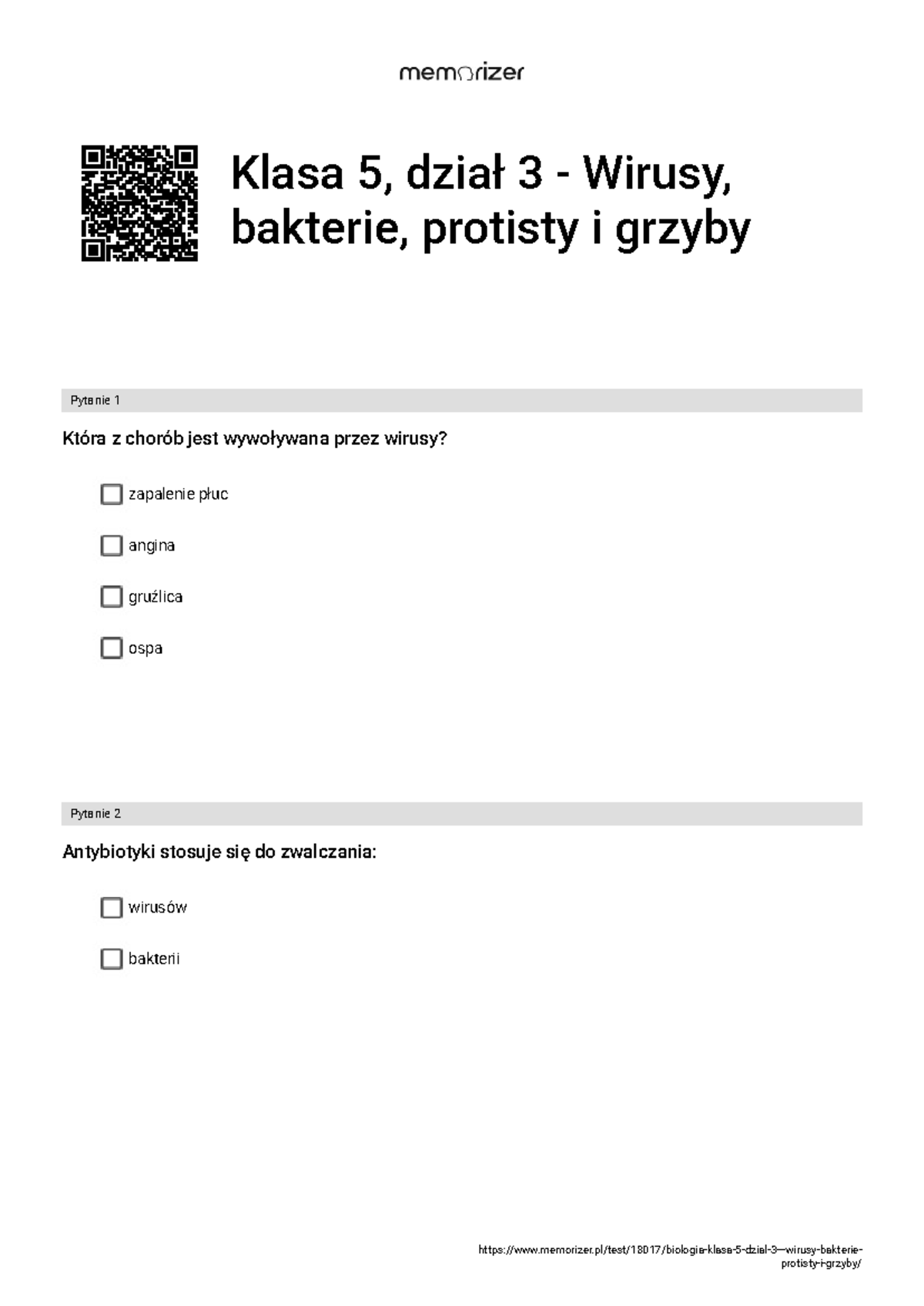 Biologia Klasa 5 - Dział 3: Wirusy, Bakterie, Protisty i Grzyby - Test