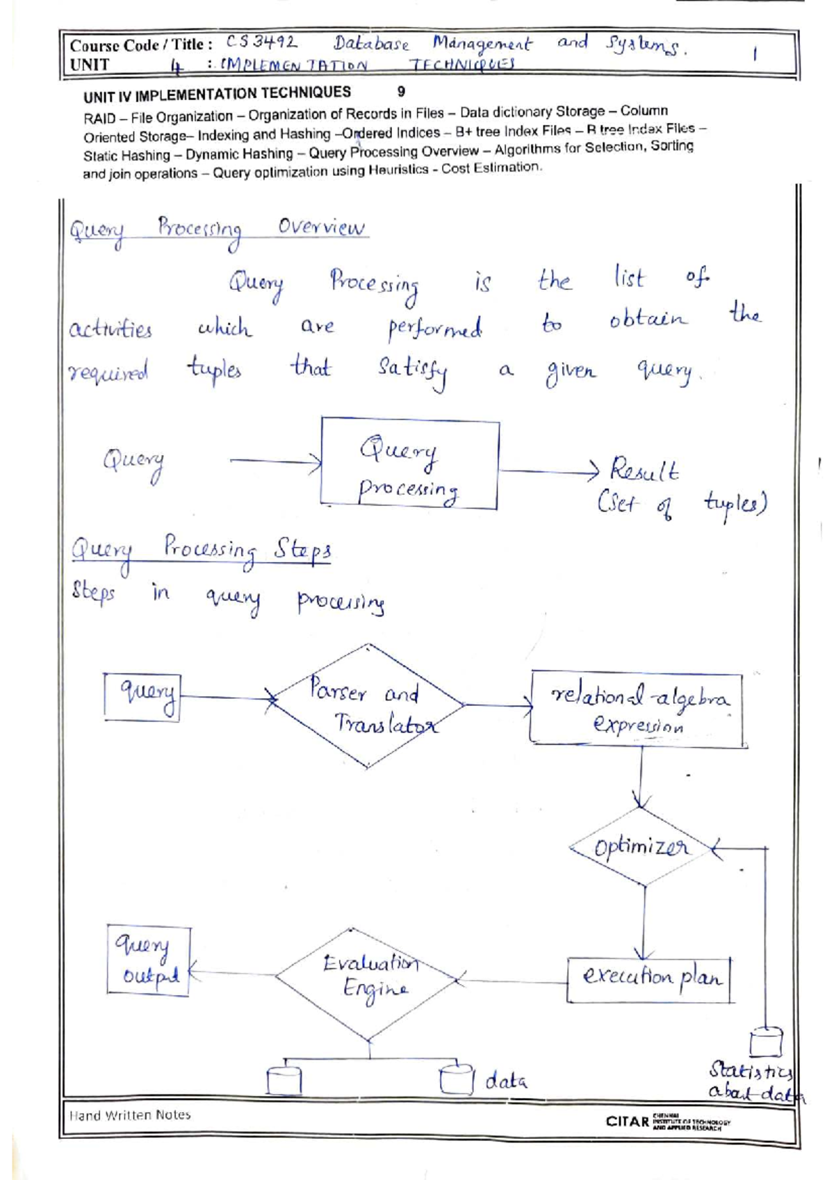 DBMS U4 notes on selection operation algorithms and linear search costs ...