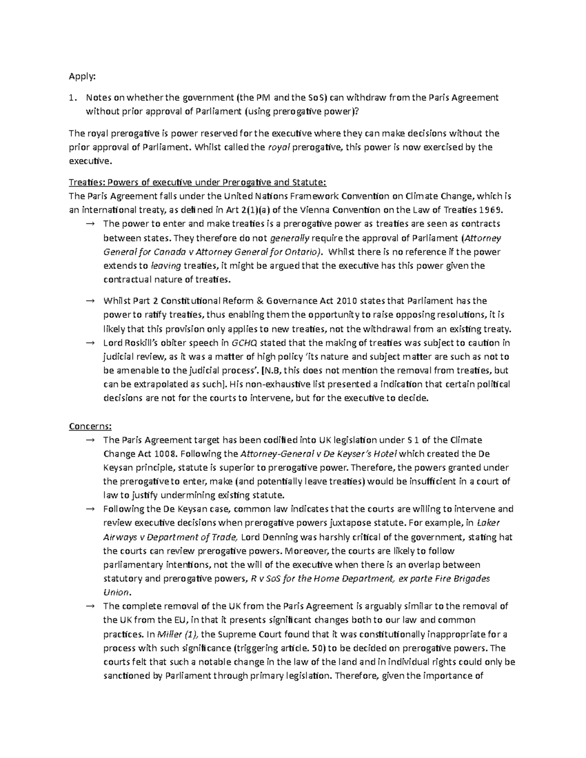 Prerogative Powers & the Paris Agreement: Legal Considerations - Studocu