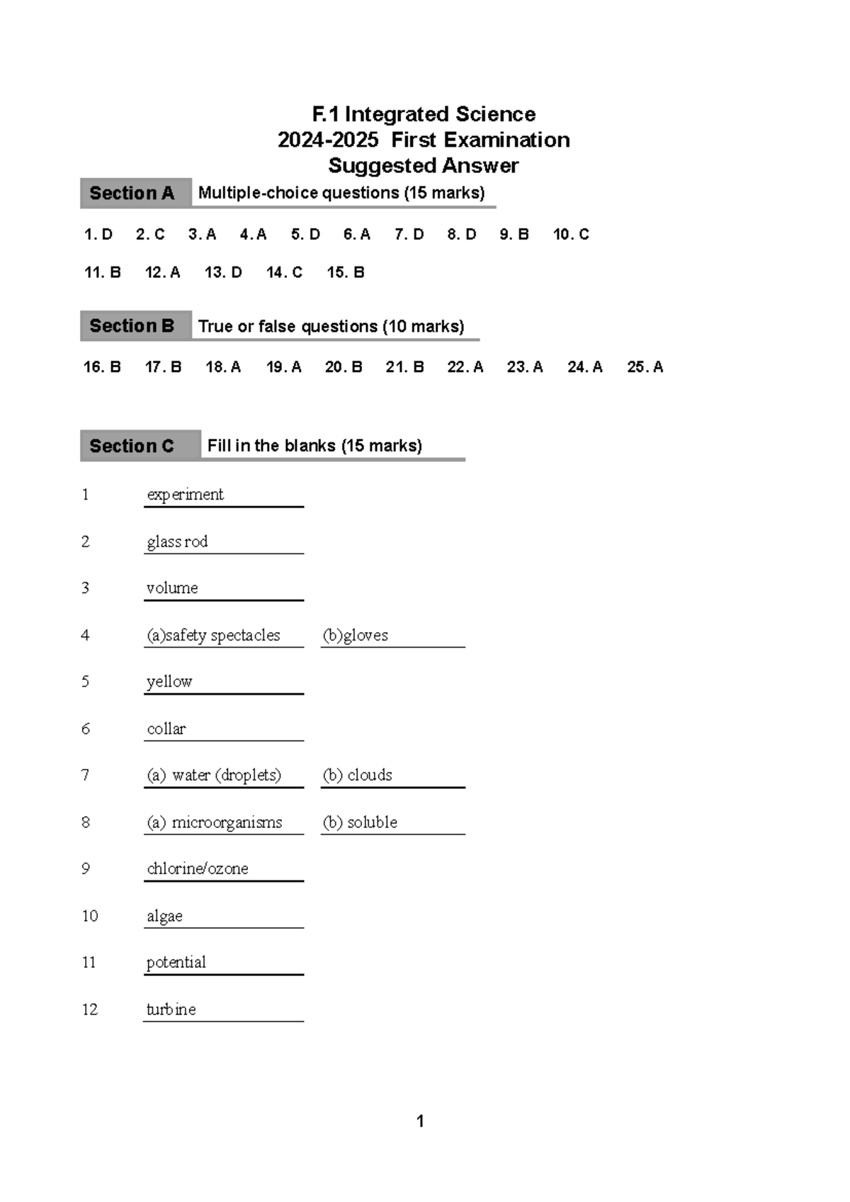 2024-2025 F.1 Integrated Science First Exam Suggested Answers - Studocu