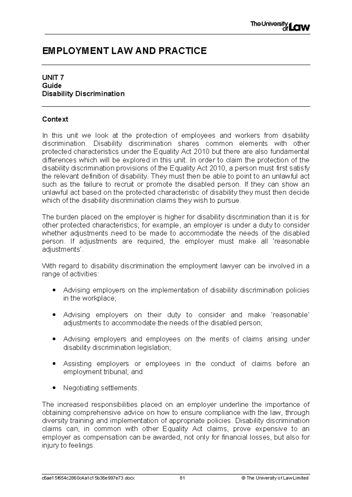 Employment Law & Practice Unit 7: Guide to Disability Discrimination ...