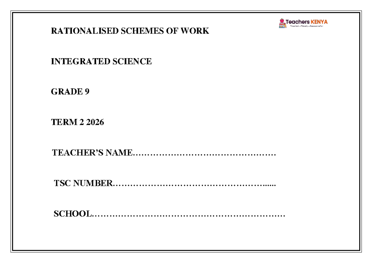 TERM 2 2026 Grade 9 Integrated Science Schemes of Work - Studocu
