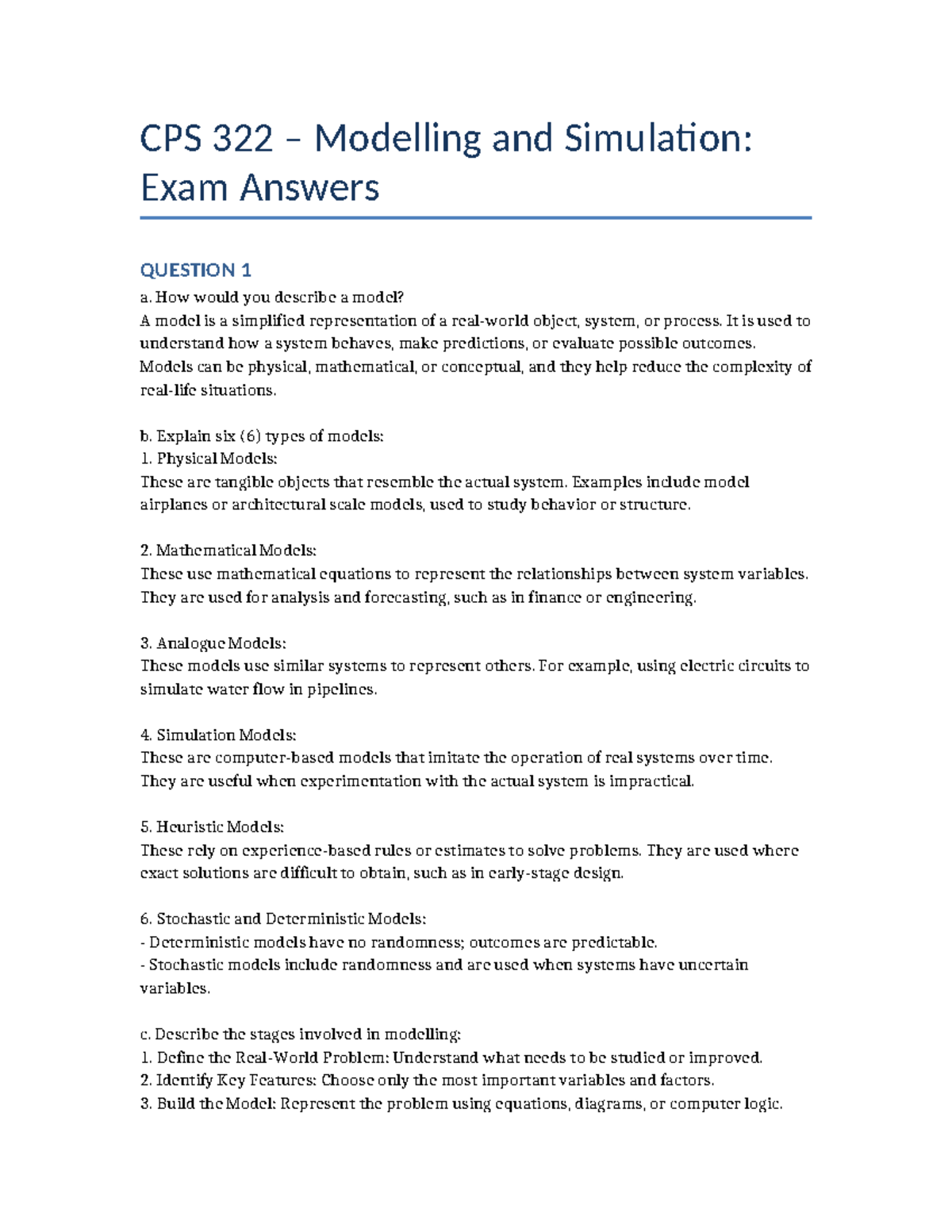 CPS 322 Modelling and Simulation: Exam Answers and Explanations - Studocu