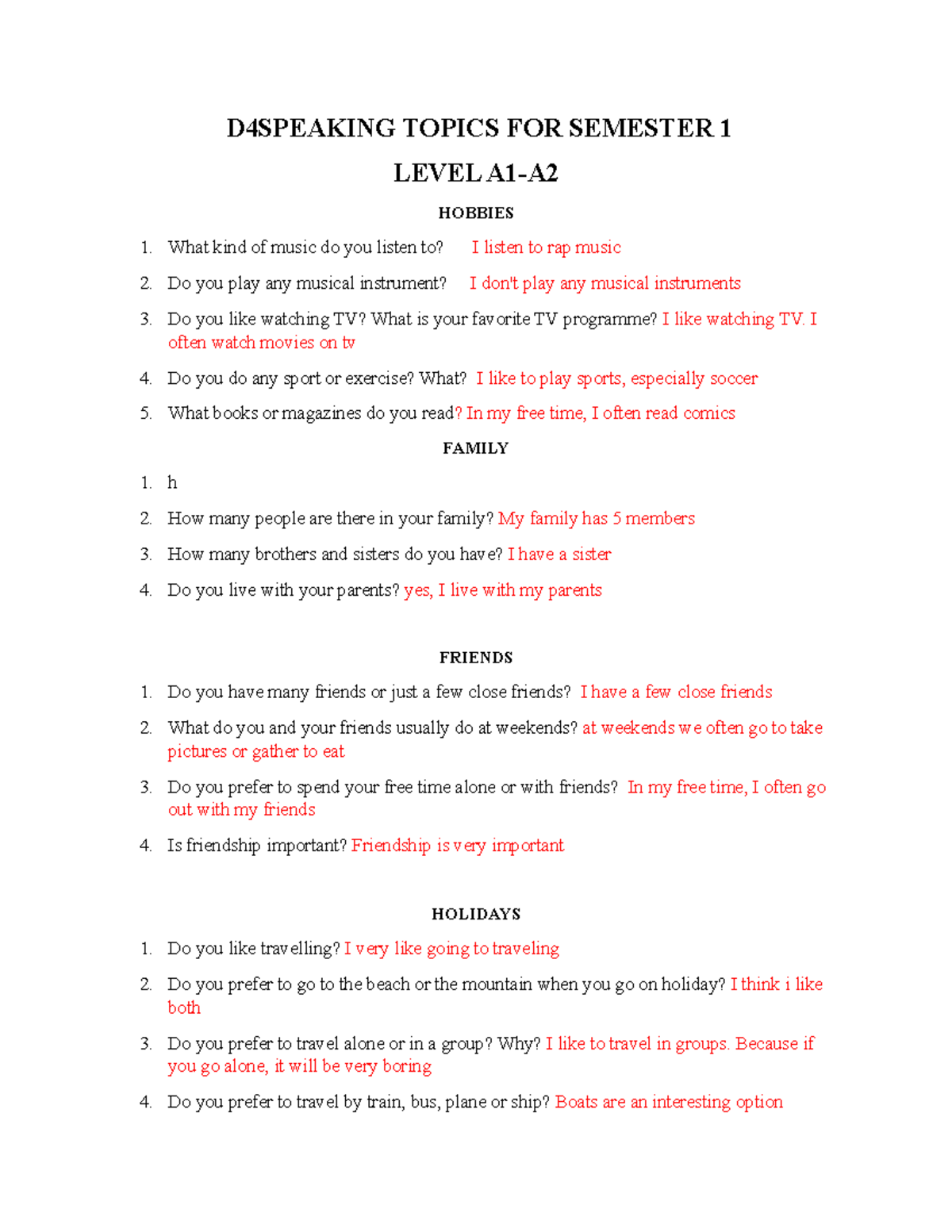 A1-A2 Speaking Topics FOR Semester 1 - D4SPEAKING TOPICS FOR SEMESTER 1 ...