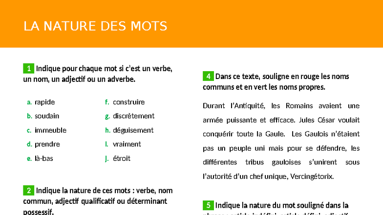 LA NATURE DES MOTS 1-4 : Exercice de Français (FICHE 1) - Studocu