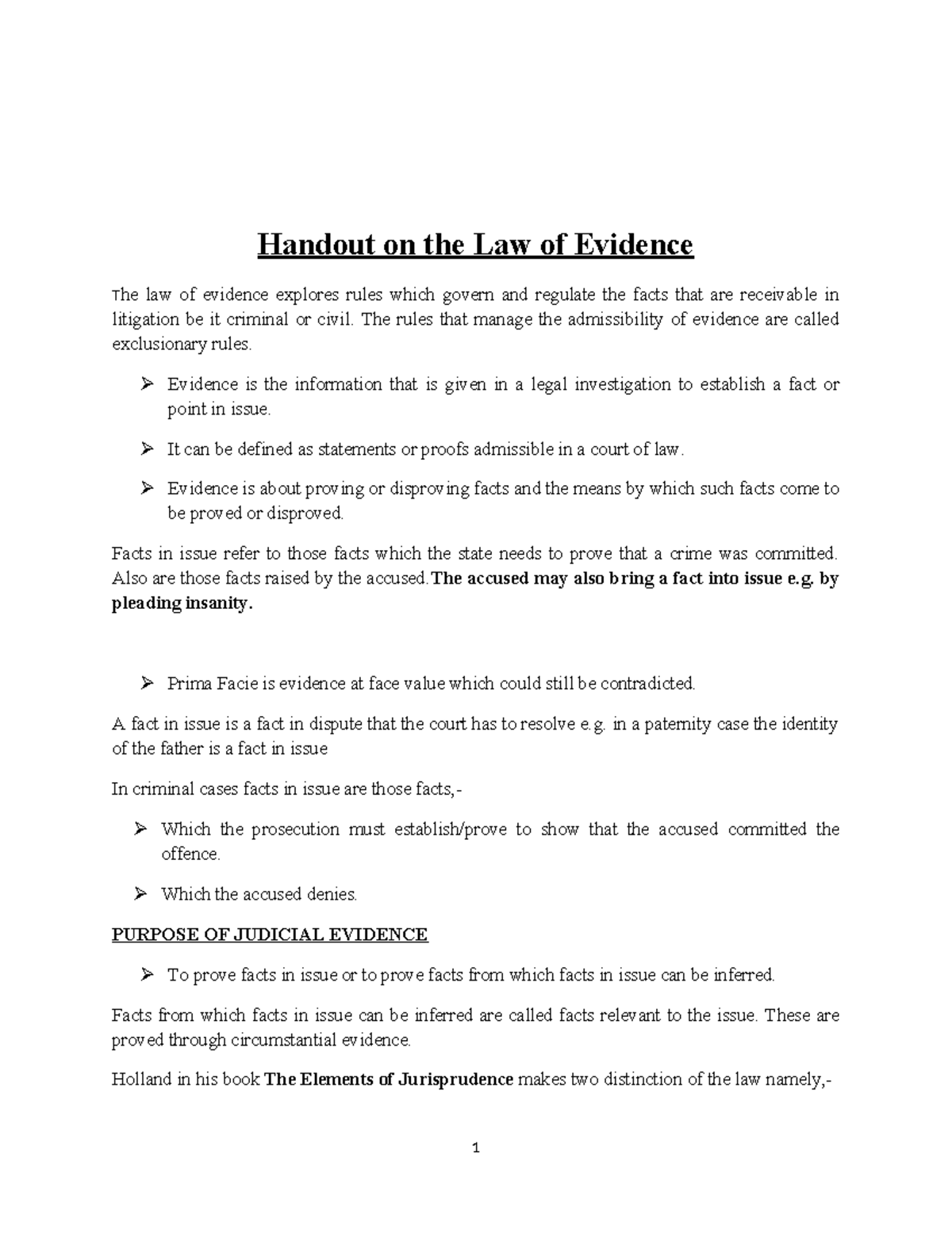 Law of Evidence: Key Concepts and Principles Handout - Studocu