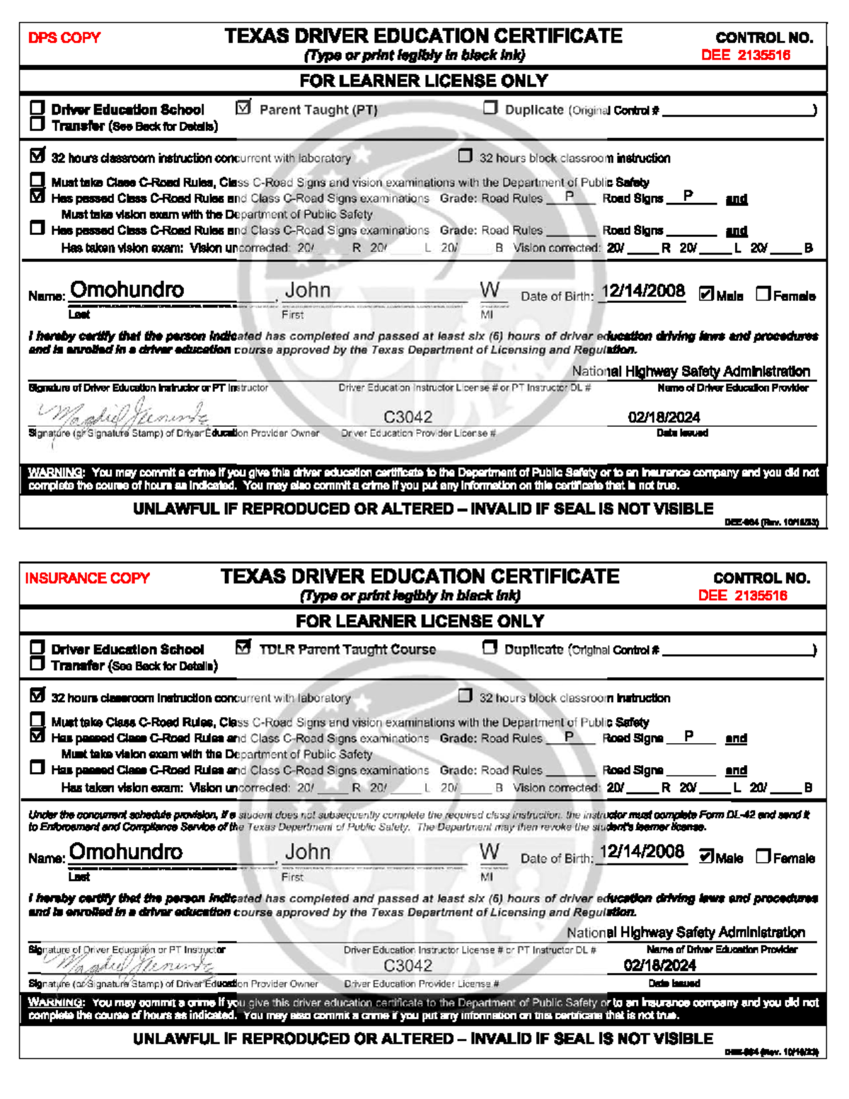 DPS DEE 2135516 Texas Driver Education Certificate Summary - Studocu