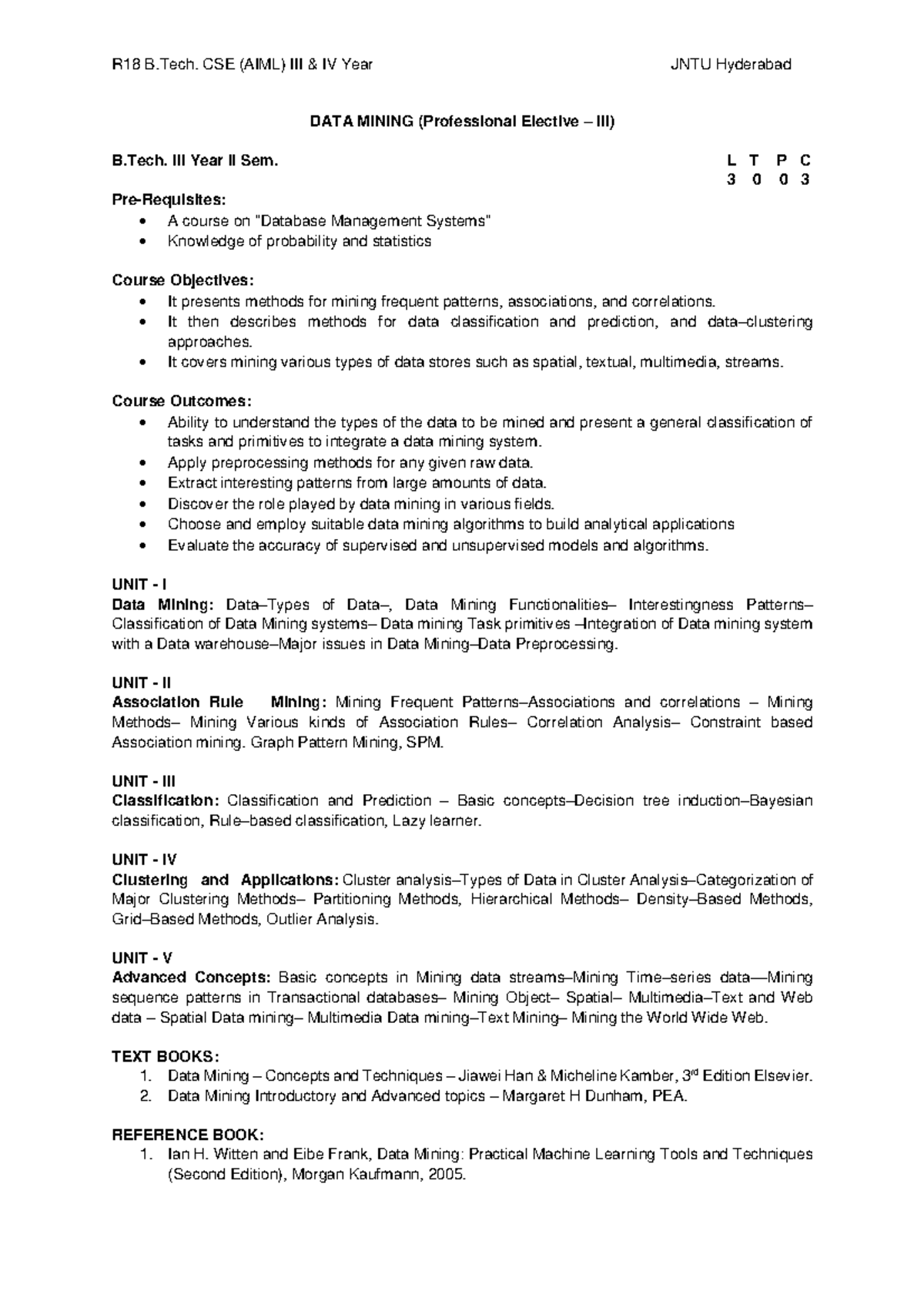 R18B.Tech.CSE(AIML)4-1 Data Mining Course Overview & Topics - Studocu