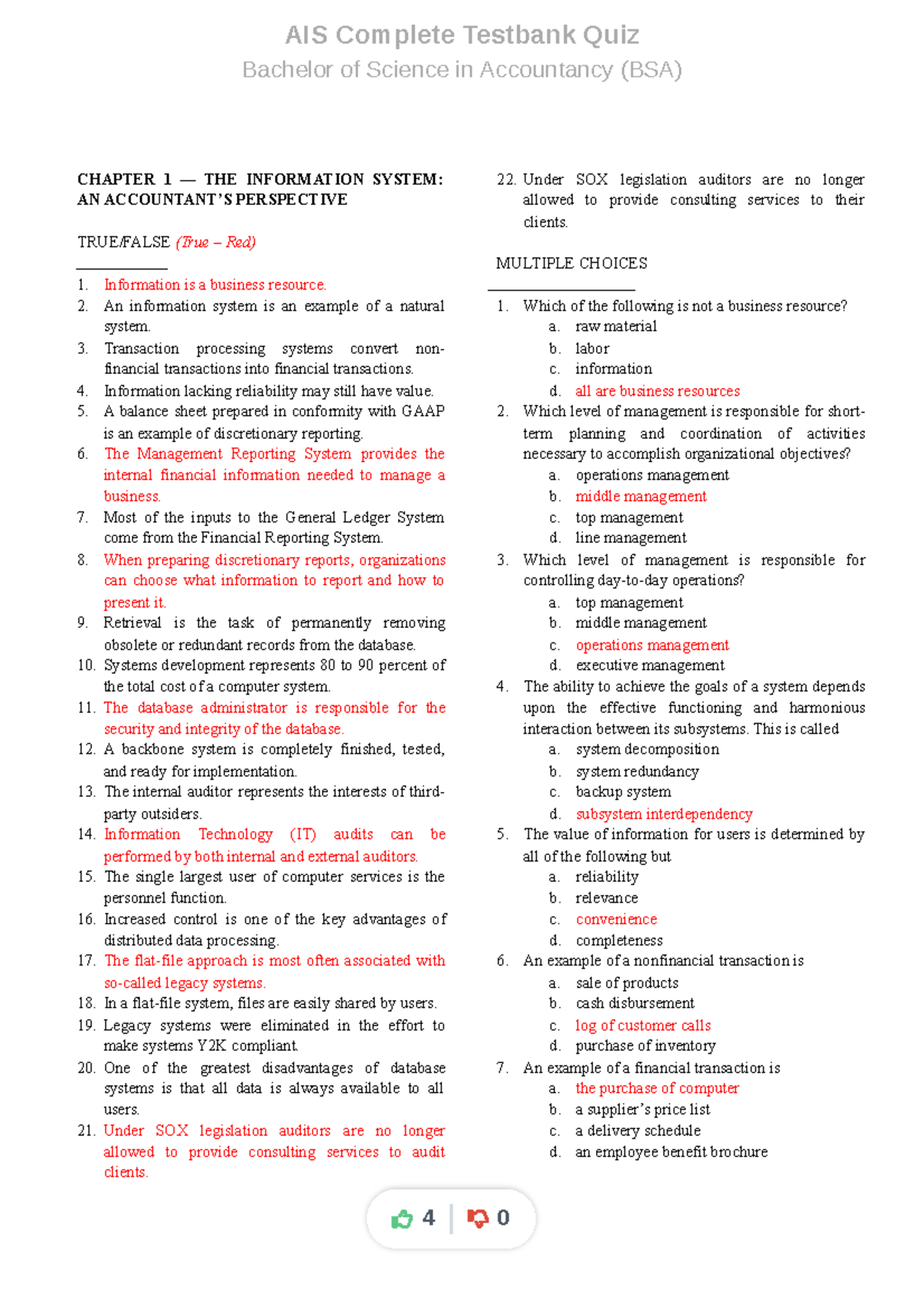 AIS BSA Quiz - Chapter 1 & 2 Answers and Testbank Insights - Studocu