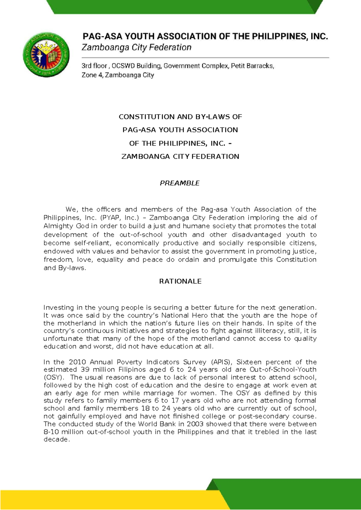 PYAP-CBL: Constitution and Bylaws of the Youth Association - Studocu