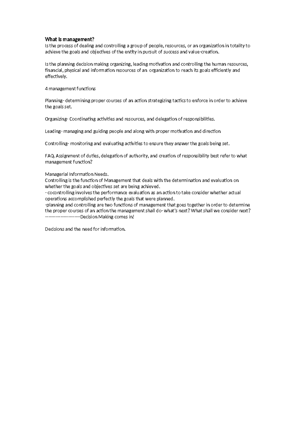 Management Functions Overview - Lesson Notes - Studocu
