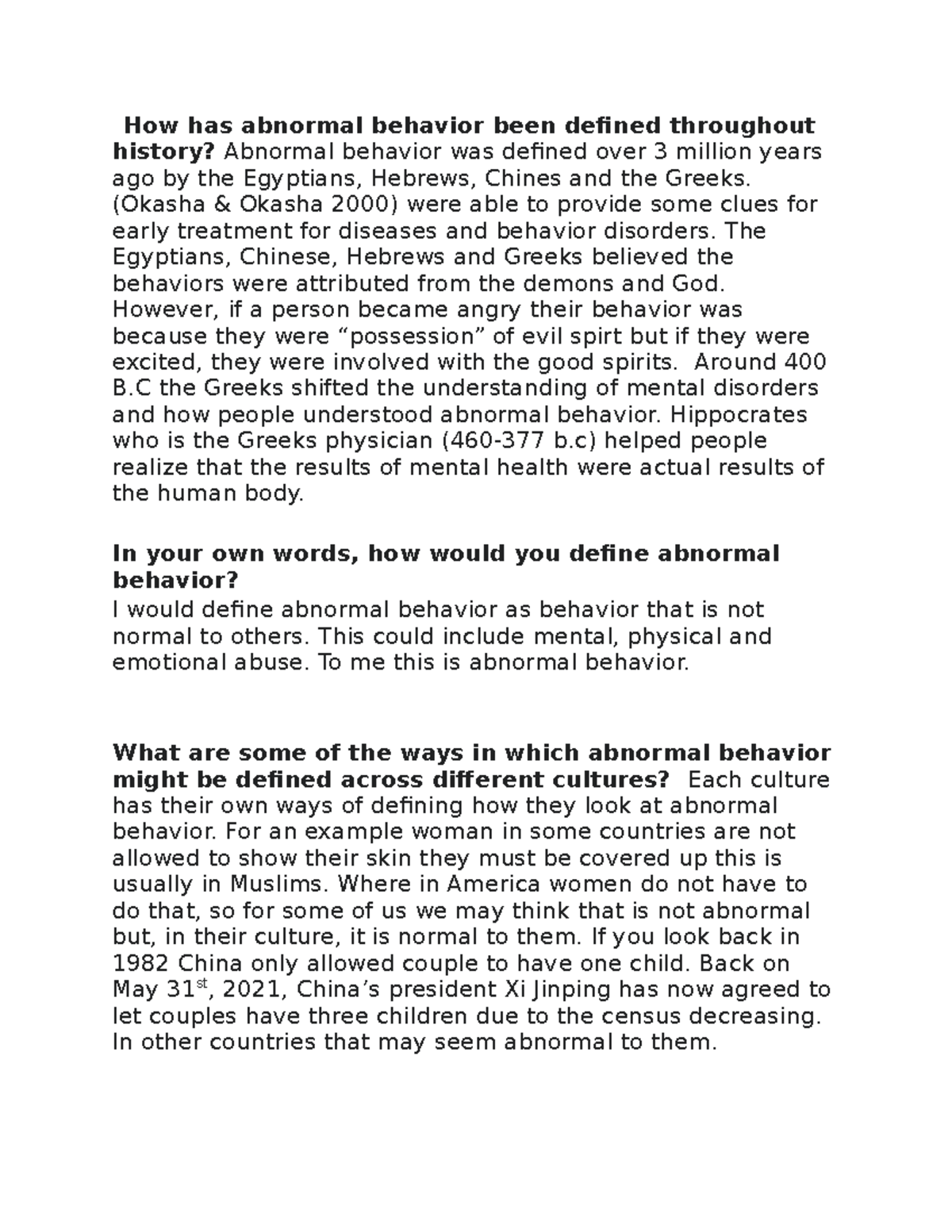 Psy 1 - Module 1 discussion - How has abnormal behavior been defined ...