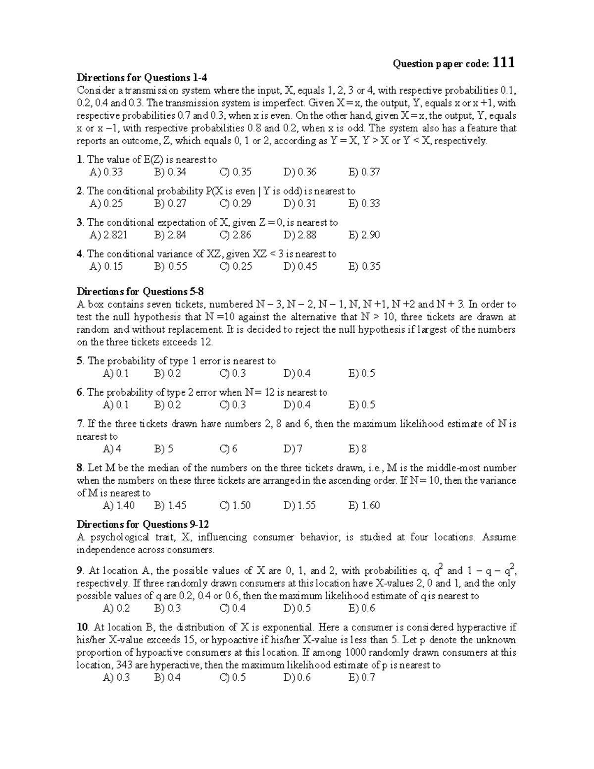 Probability and Statistical Questions - Code 111 - Studocu