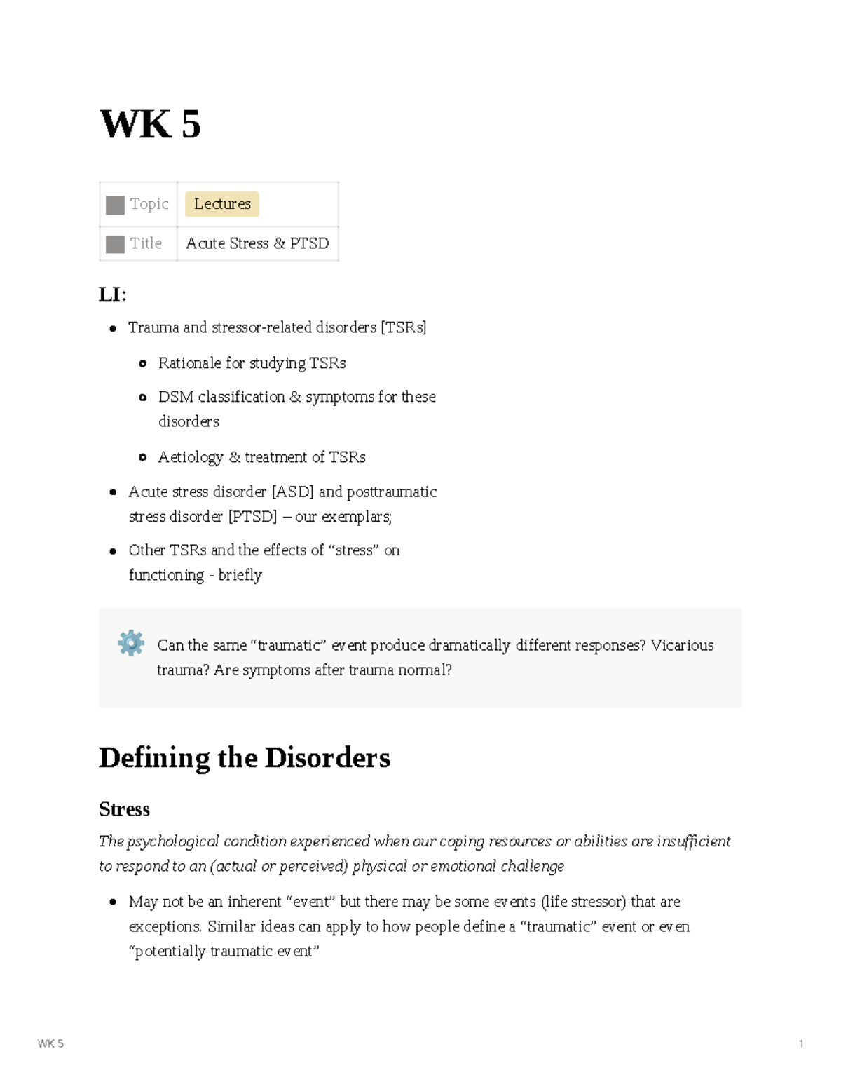 WK 5 Lecture: Understanding Acute Stress & PTSD Disorders - Studocu