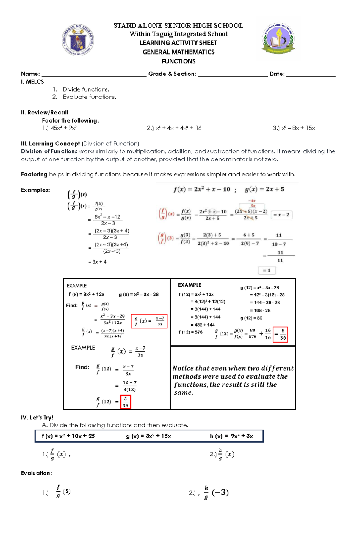 General Mathematics Learning Activity Sheet: Functions (Grade 4) - Studocu