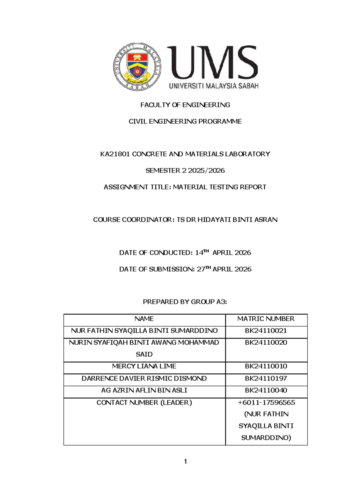 LAB REPORT KA21801: CONCRETE & MATERIALS LAB SEM 2 - MATERIAL TESTING ...