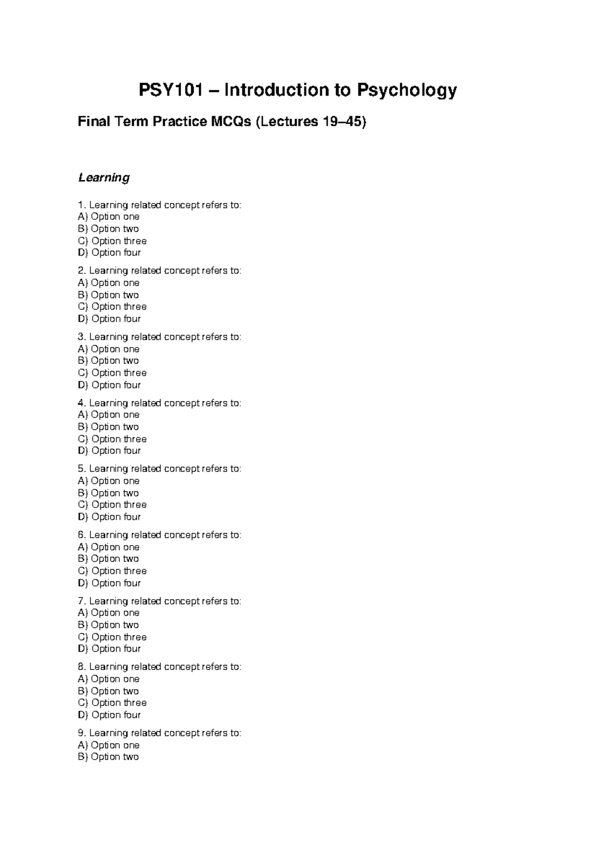 PSY101 Introduction to Psychology Final Term MCQs Practice - Studocu