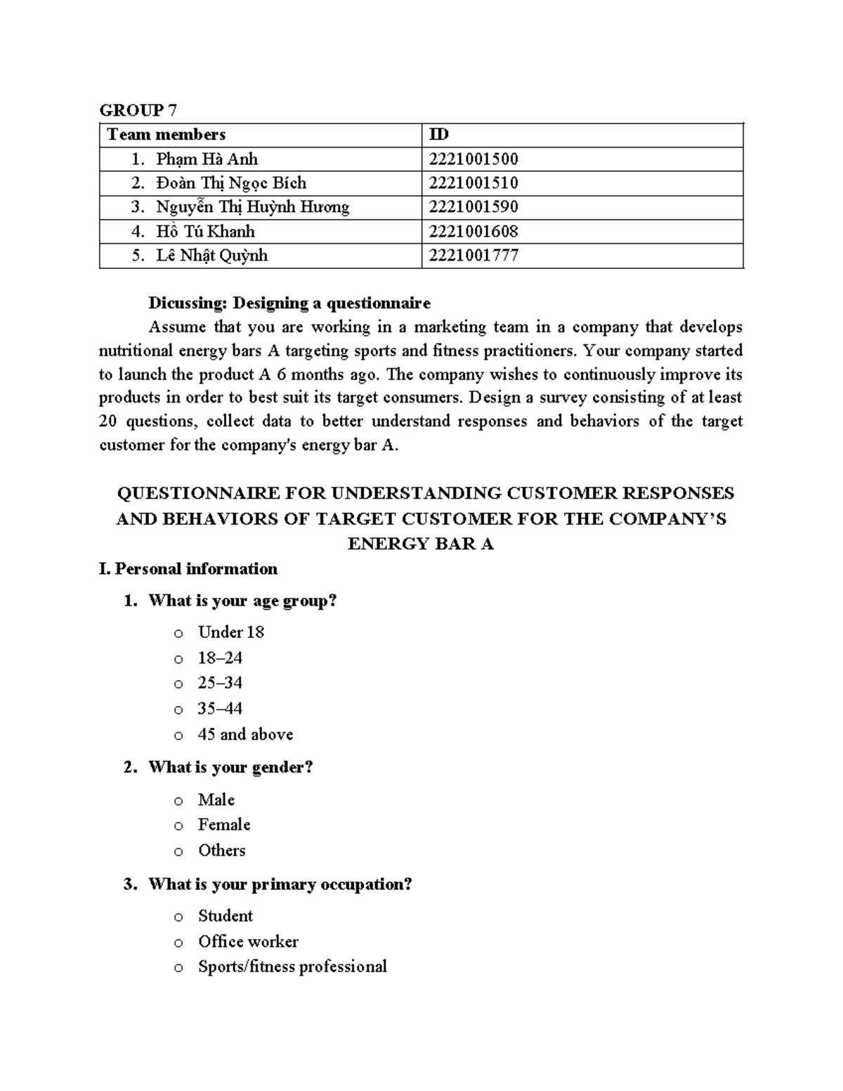 Group 7: Questionnaire Design for Energy Bar A - Mktmetrics C6-123 ...