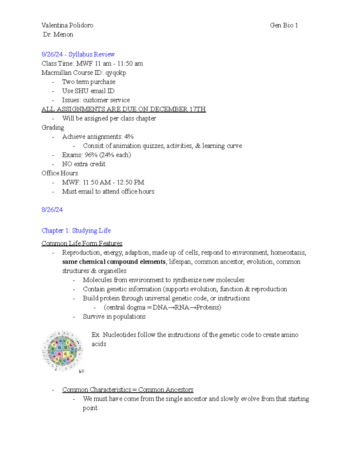 Gen Bio 1 Lecture Notes: Key Concepts and Syllabus Overview - Studocu