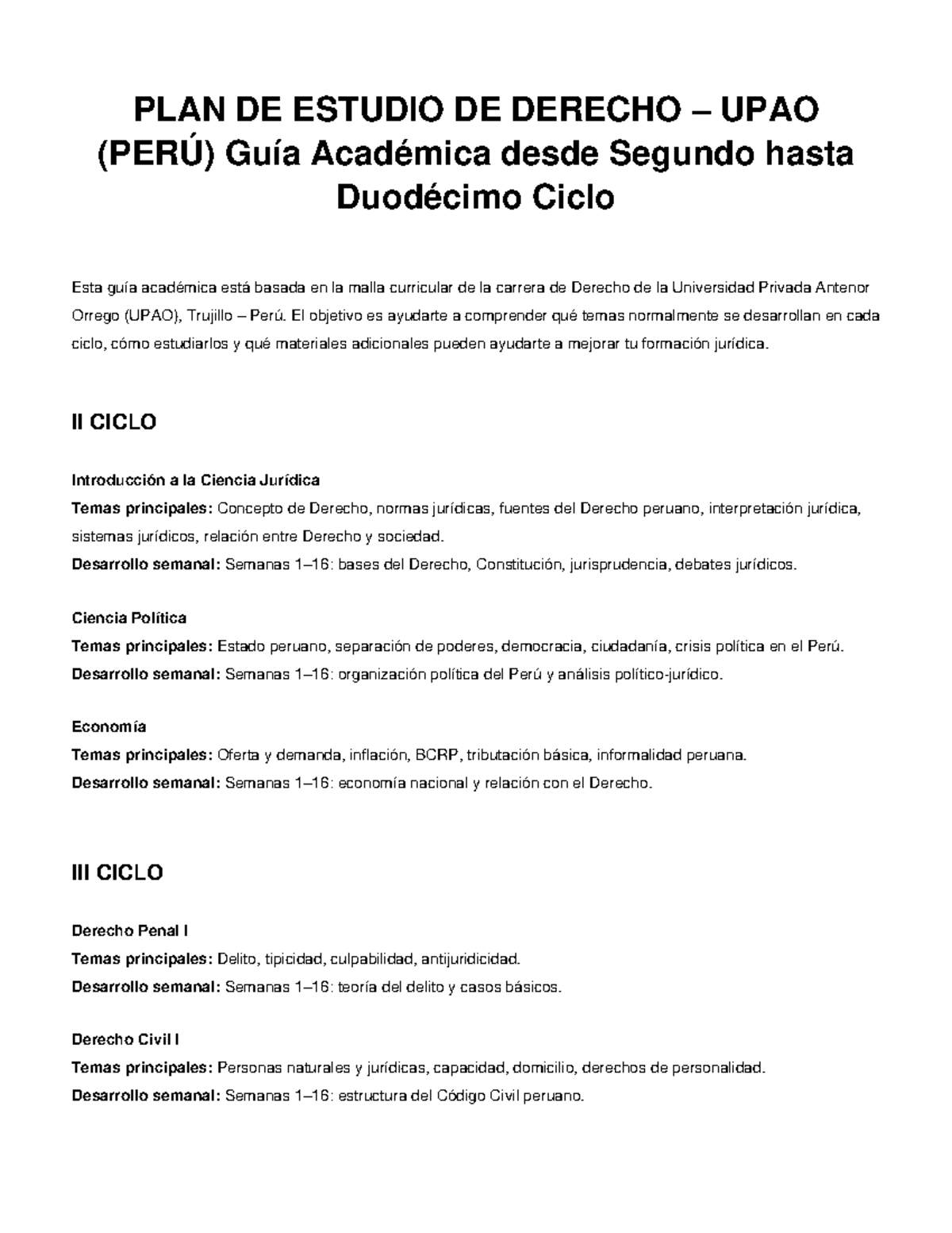 Guía Académica de Derecho UPAO: Plan de Estudio Completo - Studocu