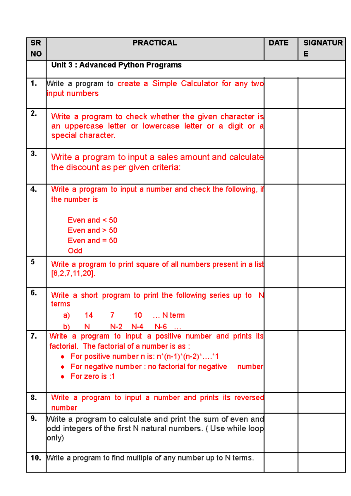 Python practial file 2023-24 old - SR NO PRACTICAL DATE SIGNATUR E Unit ...